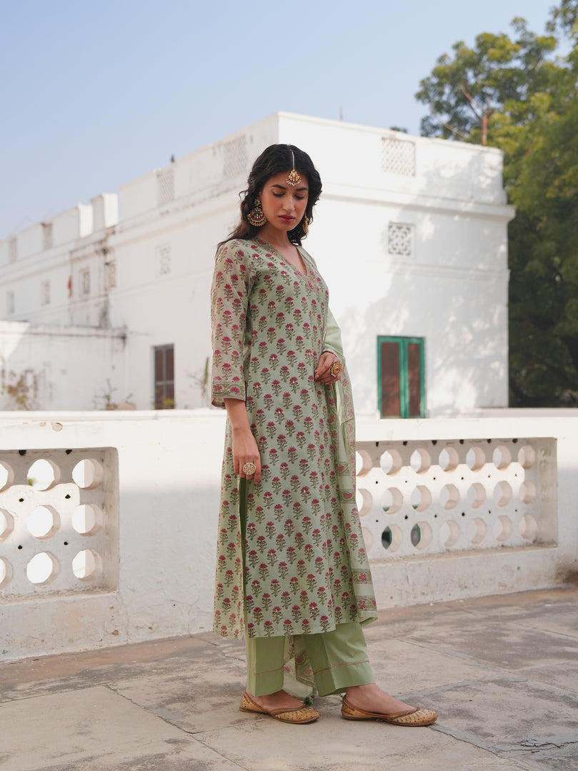 Sage Green Floral Printed Kurta Set