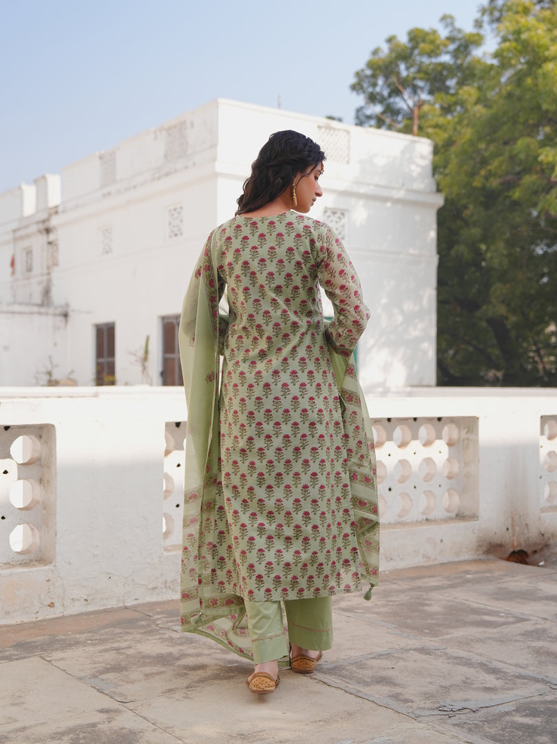 Sage Green Floral Printed Kurta Set