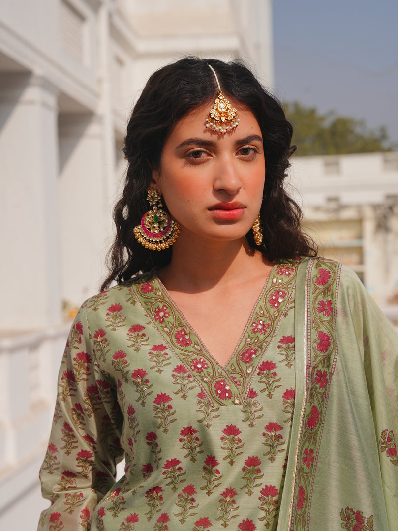 Sage Green Floral Printed Kurta Set