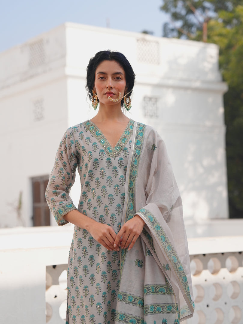 Pearl Grey Aqua Floral Printed Kurta Set