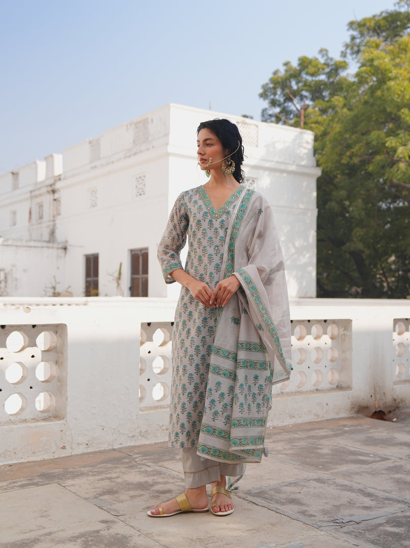 Pearl Grey Aqua Floral Printed Kurta Set