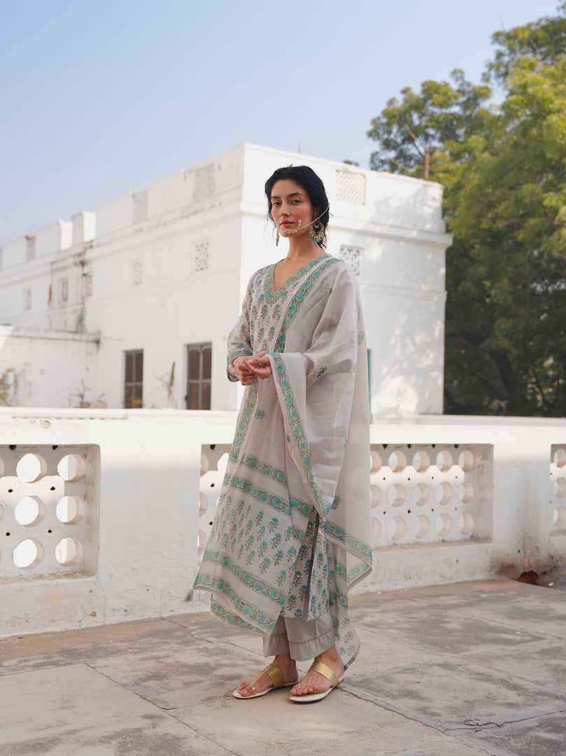 Pearl Grey Aqua Floral Printed Kurta Set