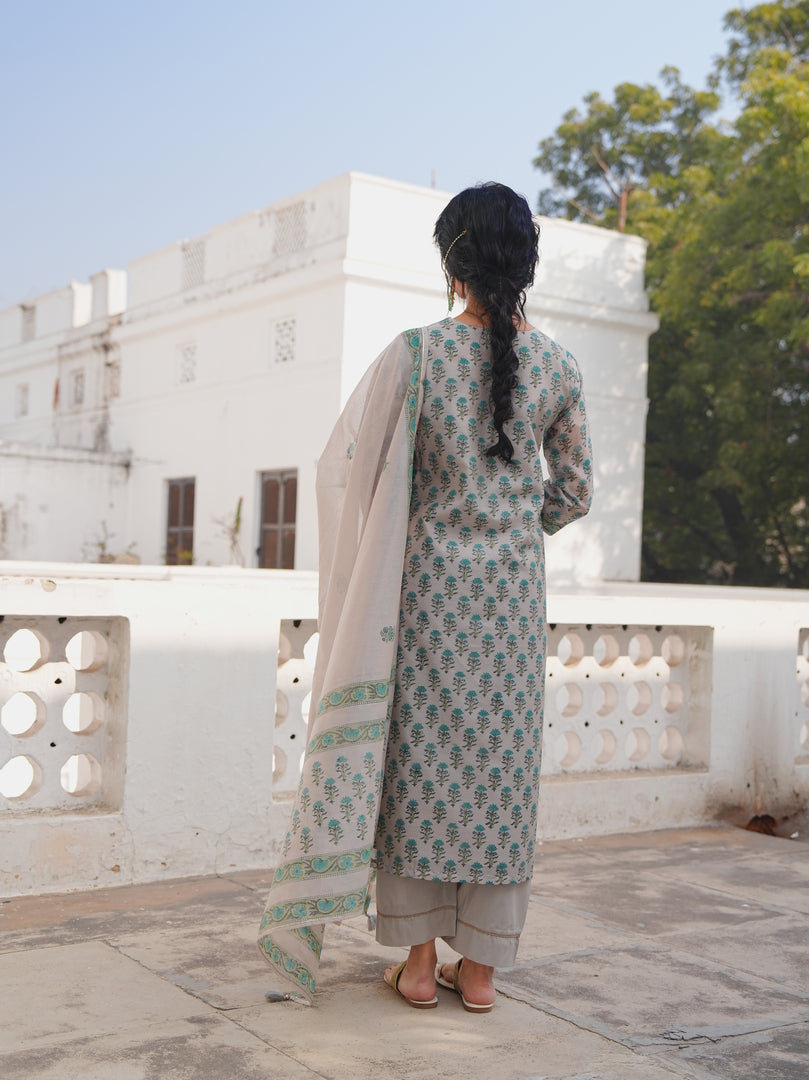 Pearl Grey Aqua Floral Printed Kurta Set