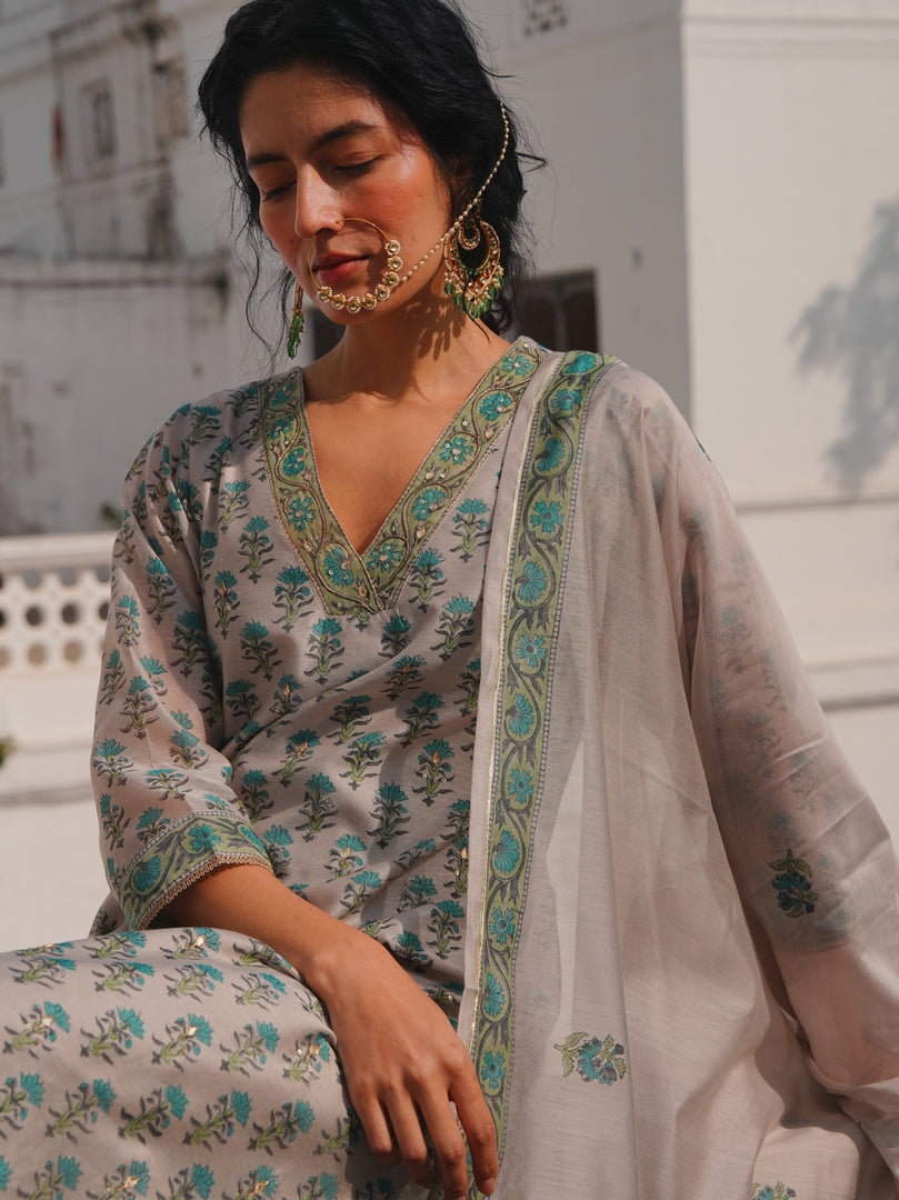 Pearl Grey Aqua Floral Printed Kurta Set