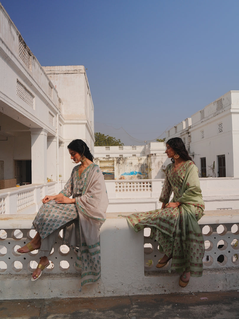 Pearl Grey Aqua Floral Printed Kurta Set