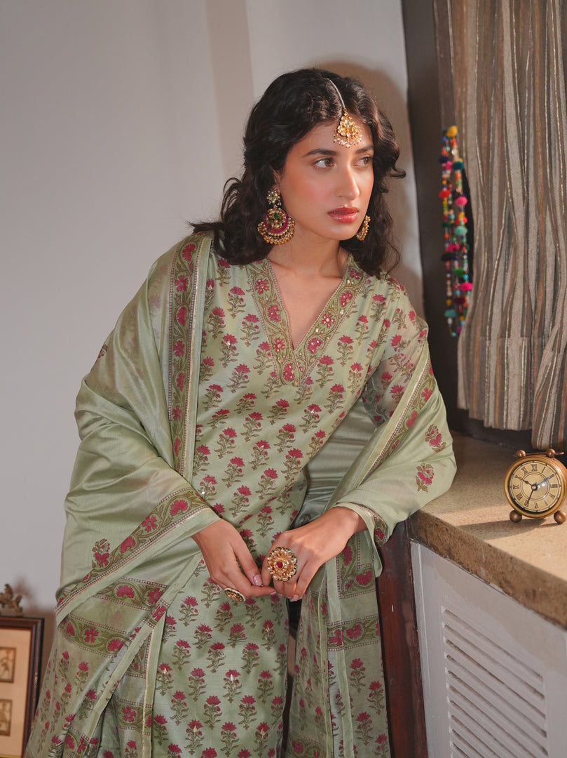 Sage Green Floral Printed Kurta Set
