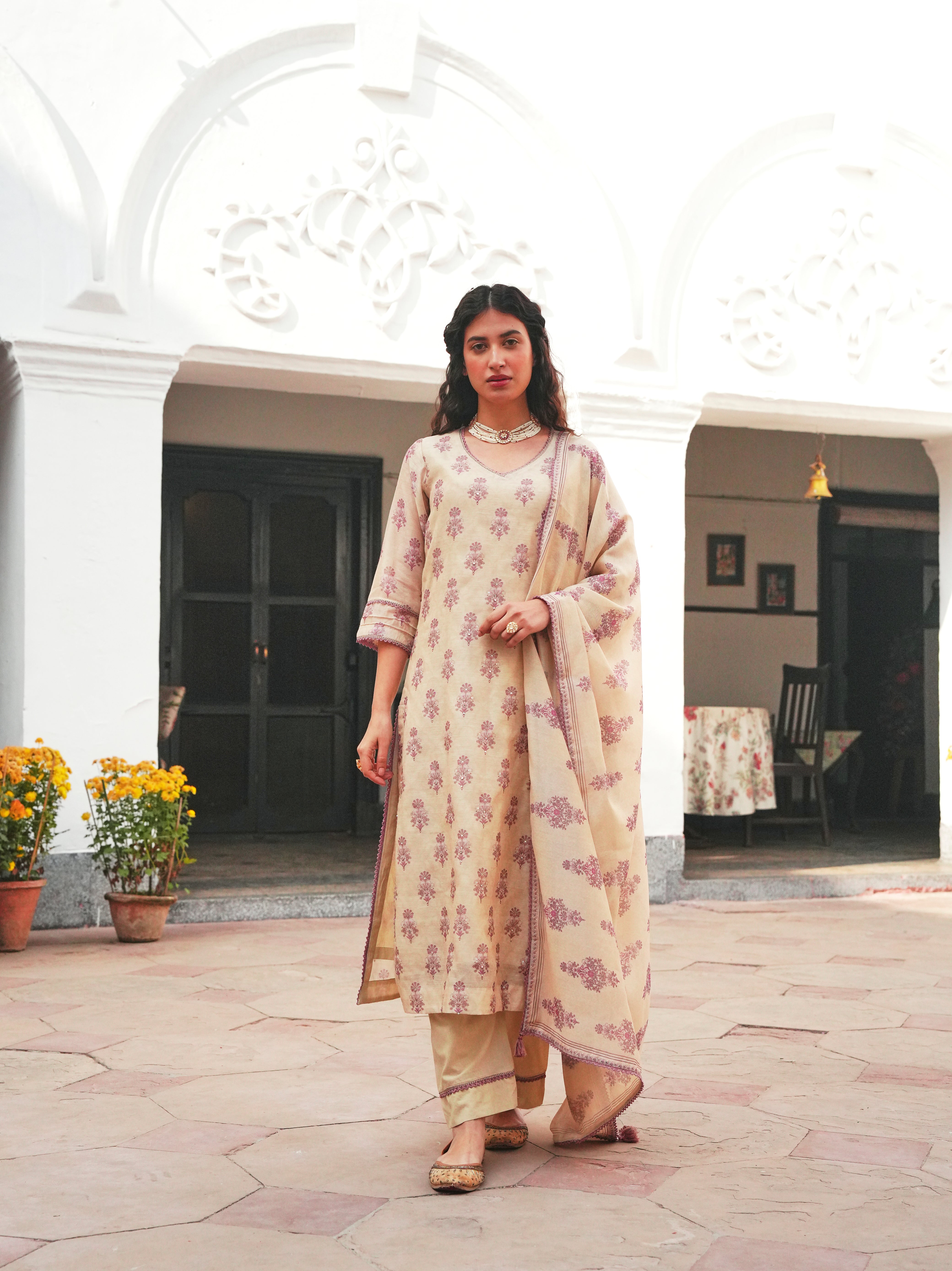 BEIGE-PURPLE CHANDERI KURTA SET