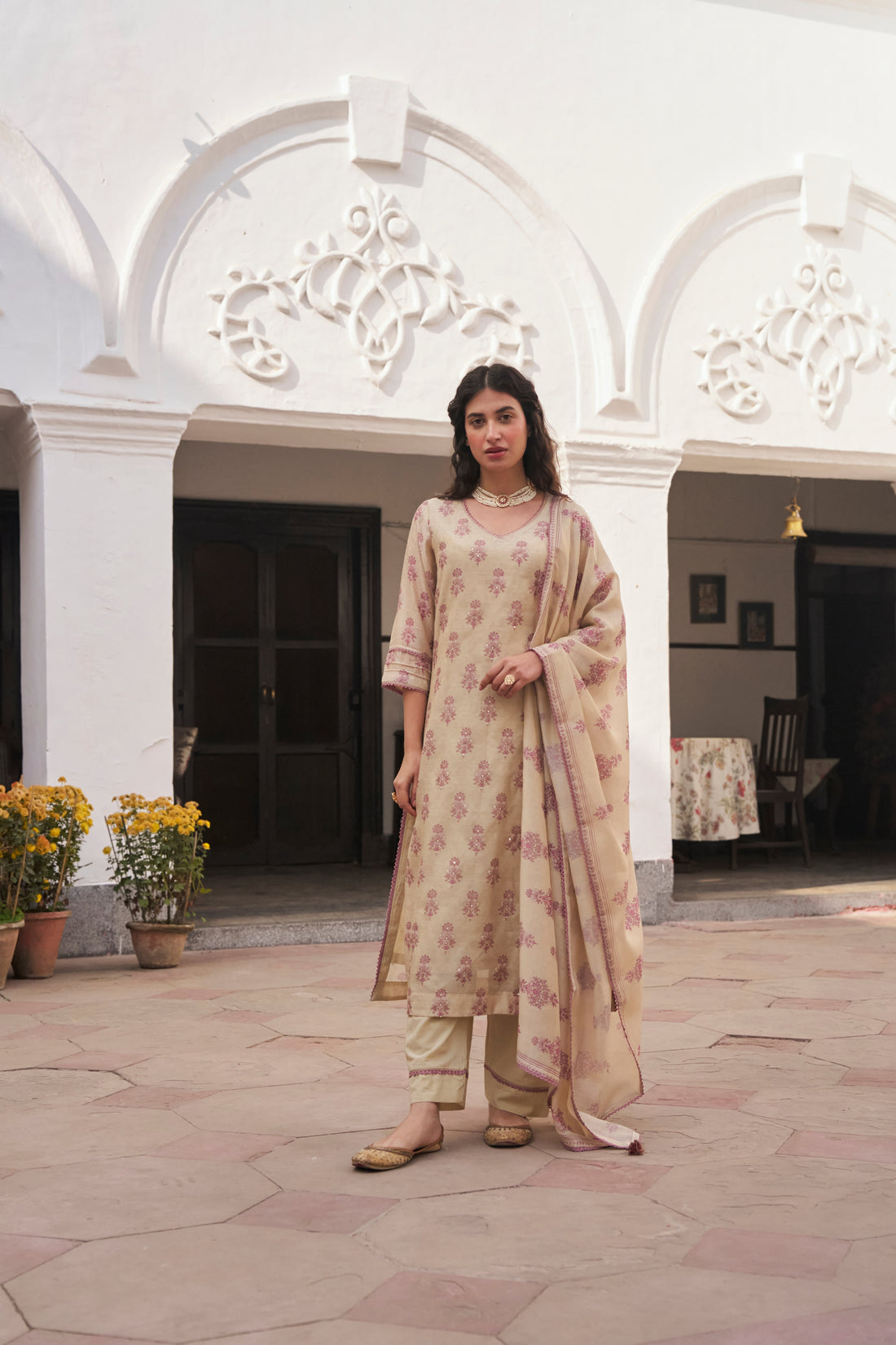BEIGE-PURPLE CHANDERI KURTA SET