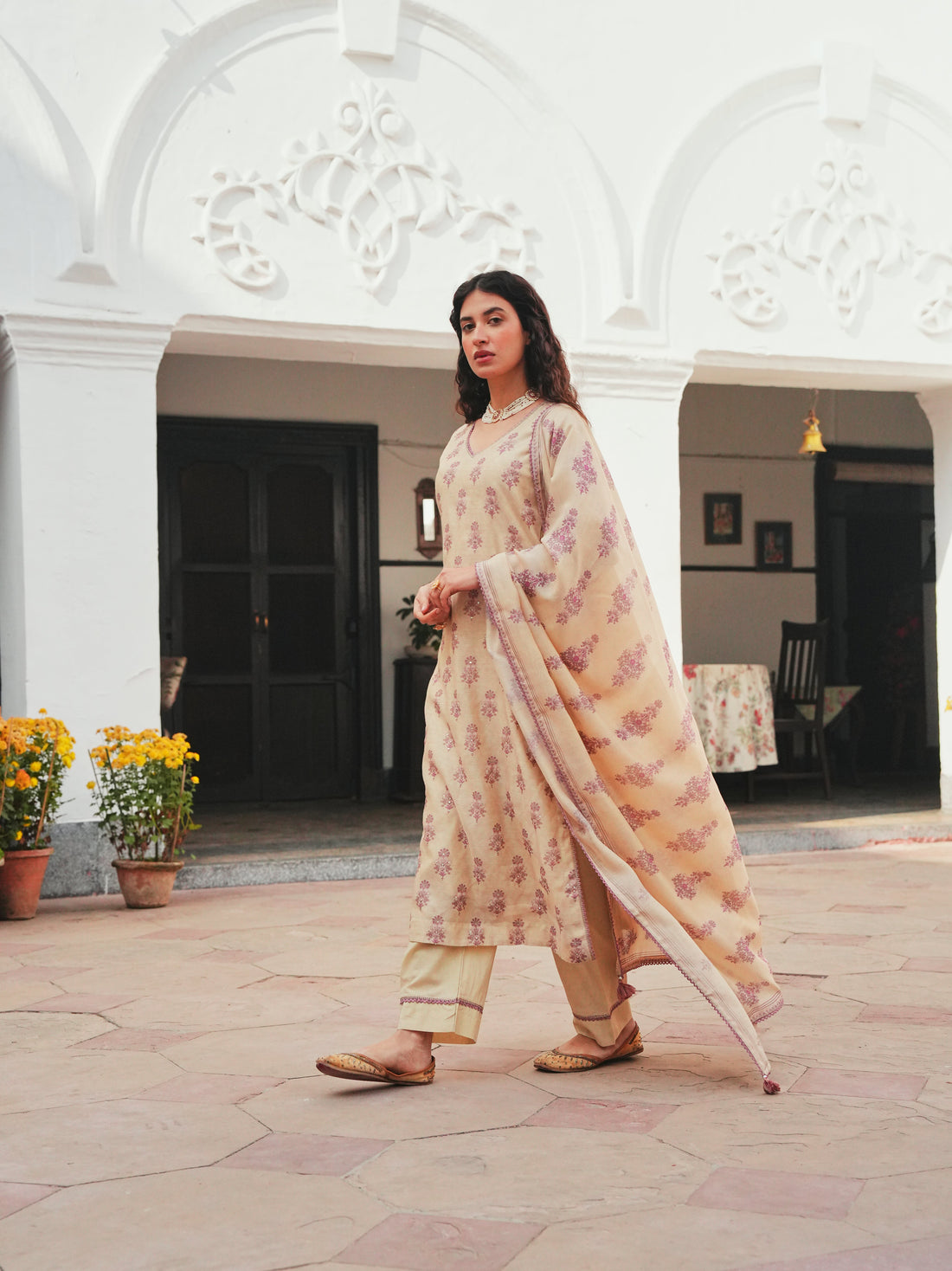 BEIGE-PURPLE CHANDERI KURTA SET
