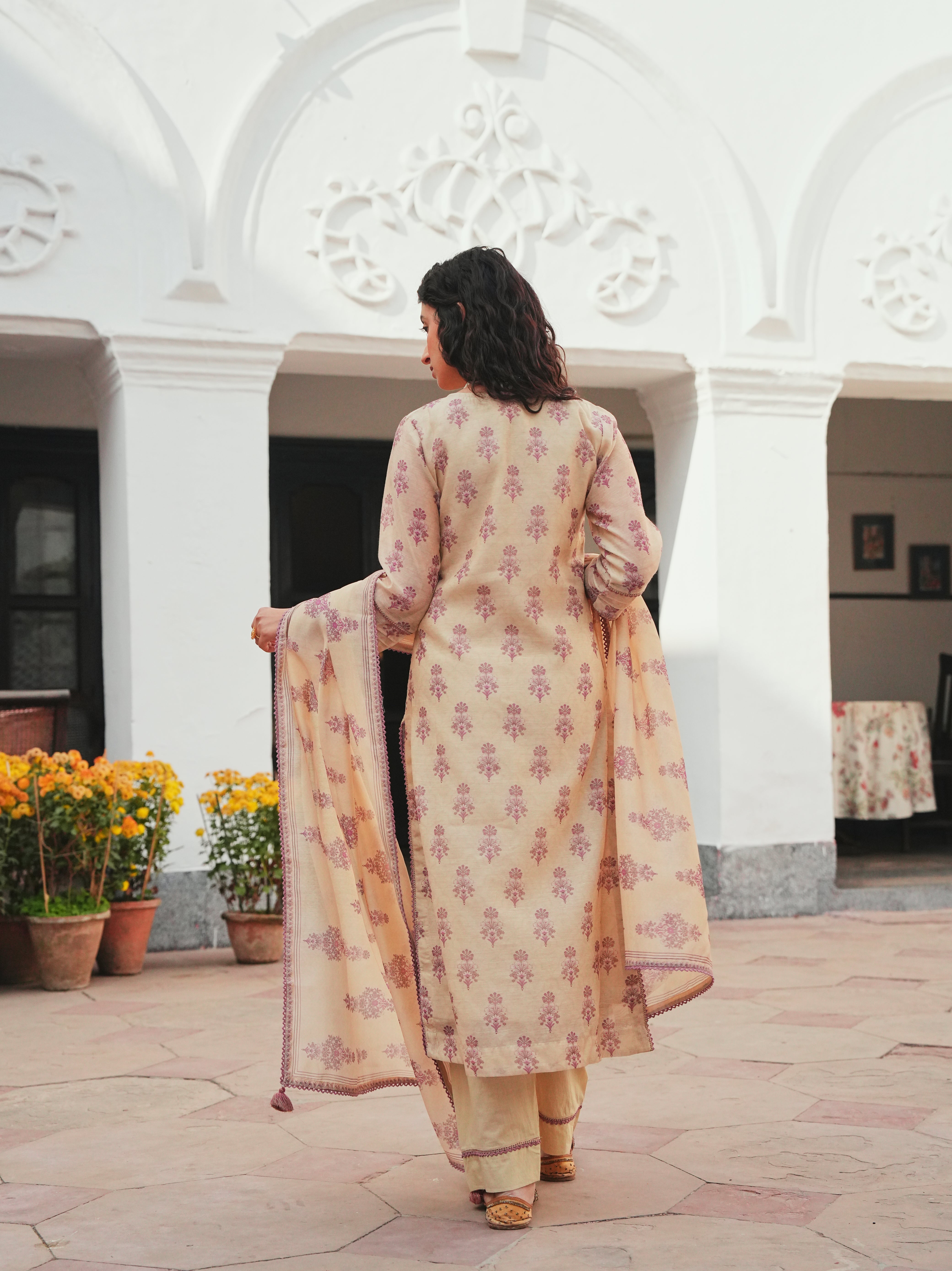 BEIGE-PURPLE CHANDERI KURTA SET