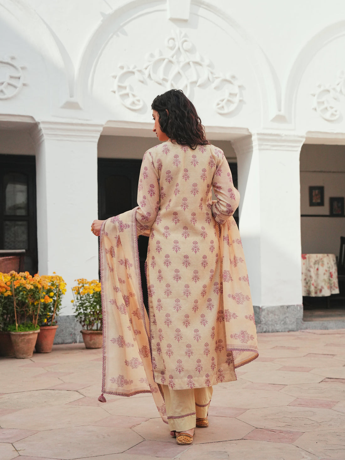 BEIGE-PURPLE CHANDERI KURTA SET