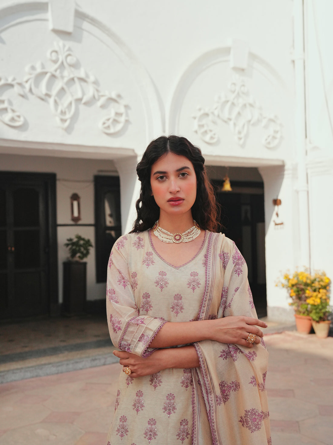 BEIGE-PURPLE CHANDERI KURTA SET
