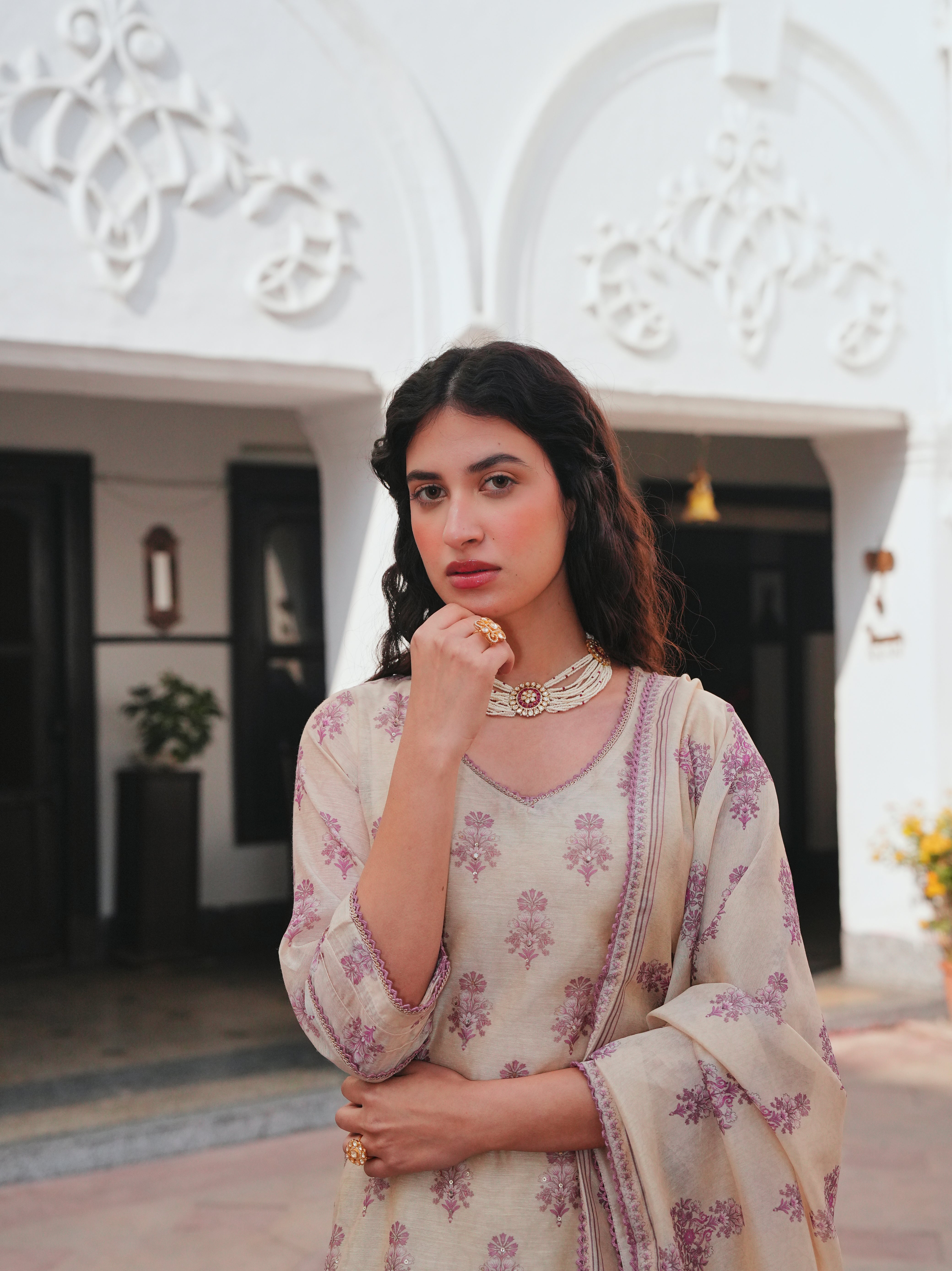 BEIGE-PURPLE CHANDERI KURTA SET