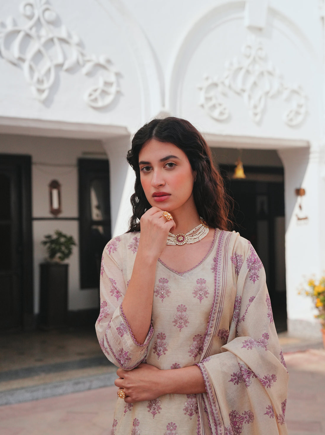 BEIGE-PURPLE CHANDERI KURTA SET
