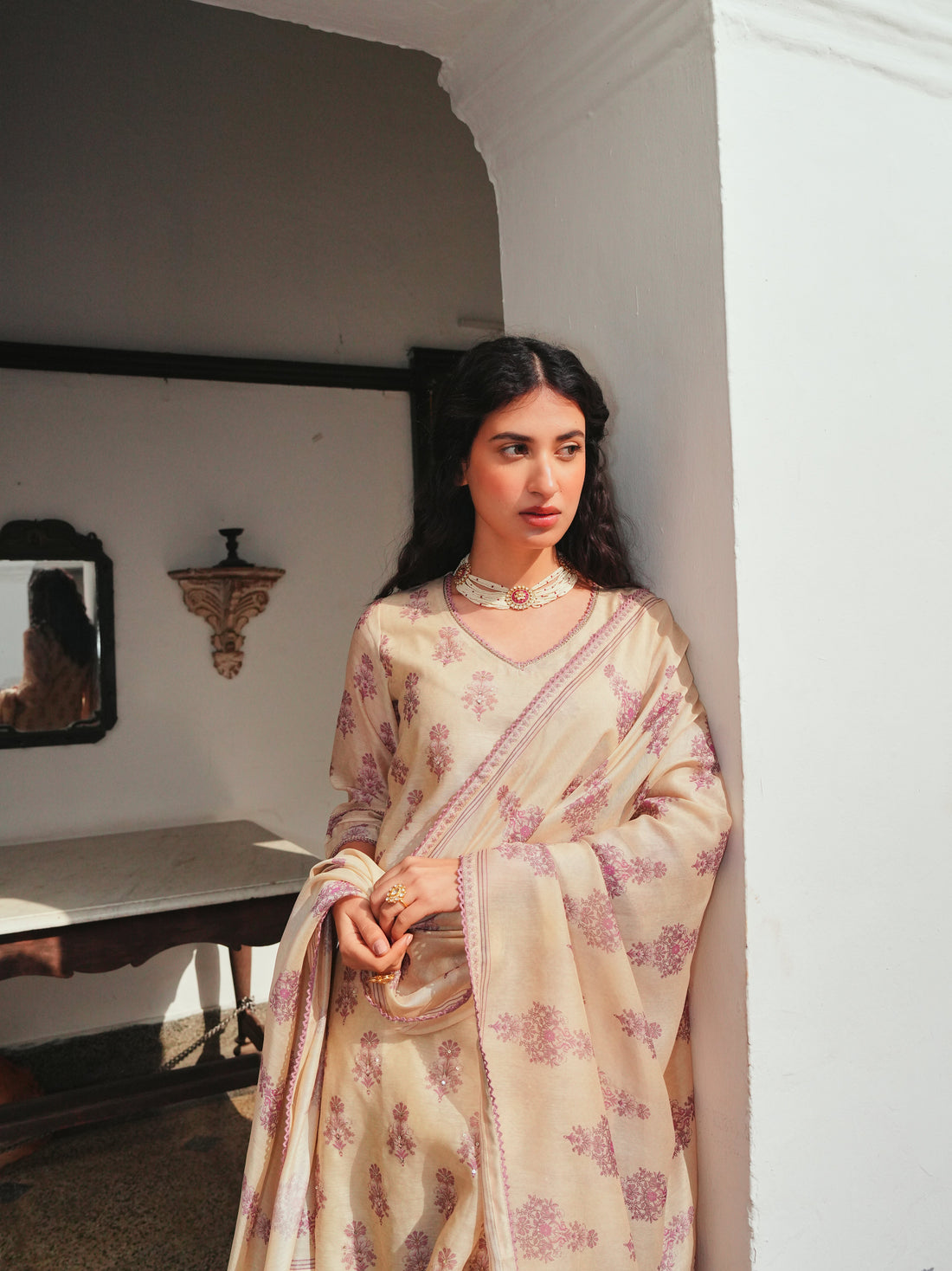 BEIGE-PURPLE CHANDERI KURTA SET