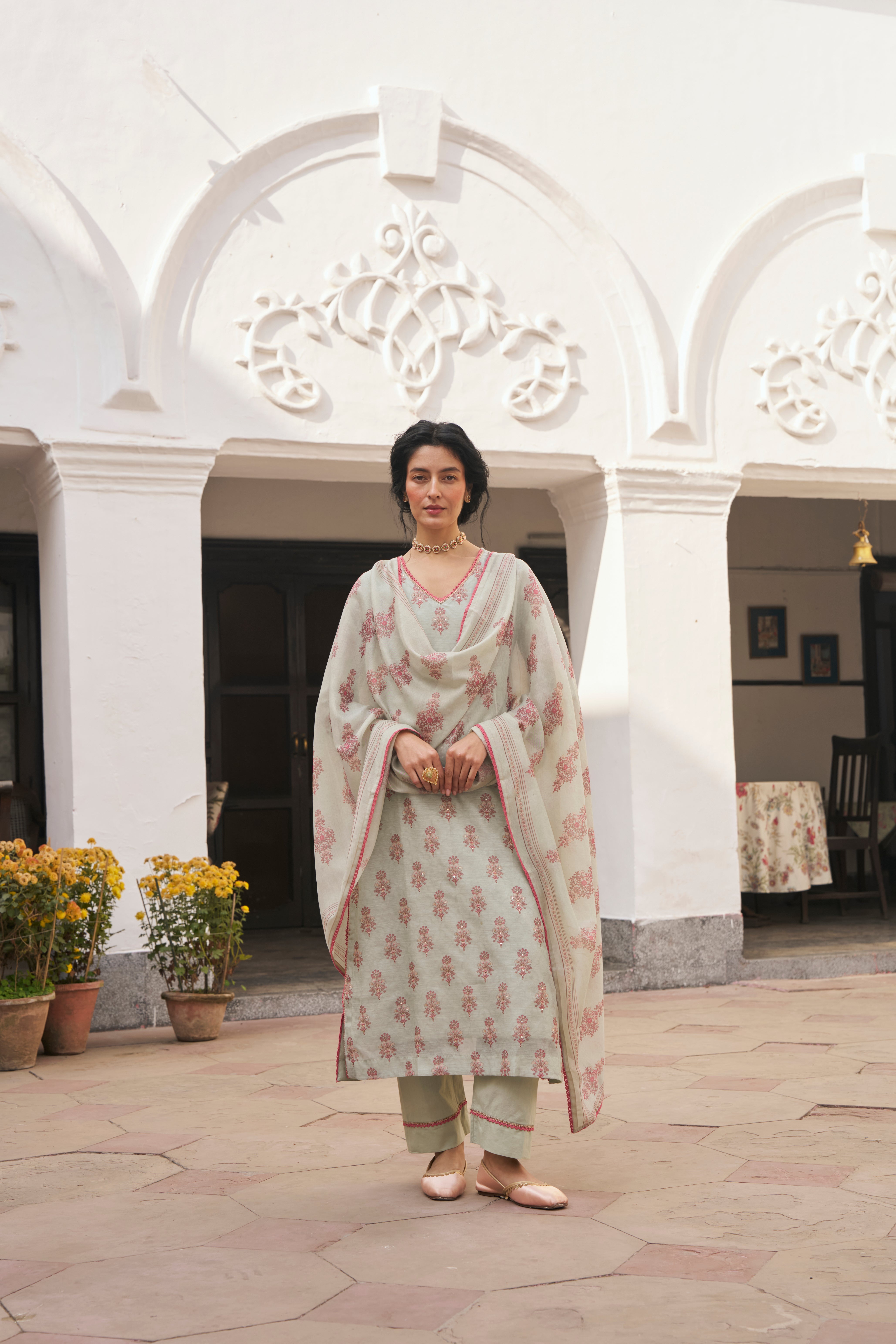 AQUA CHANDERI KURTA SET