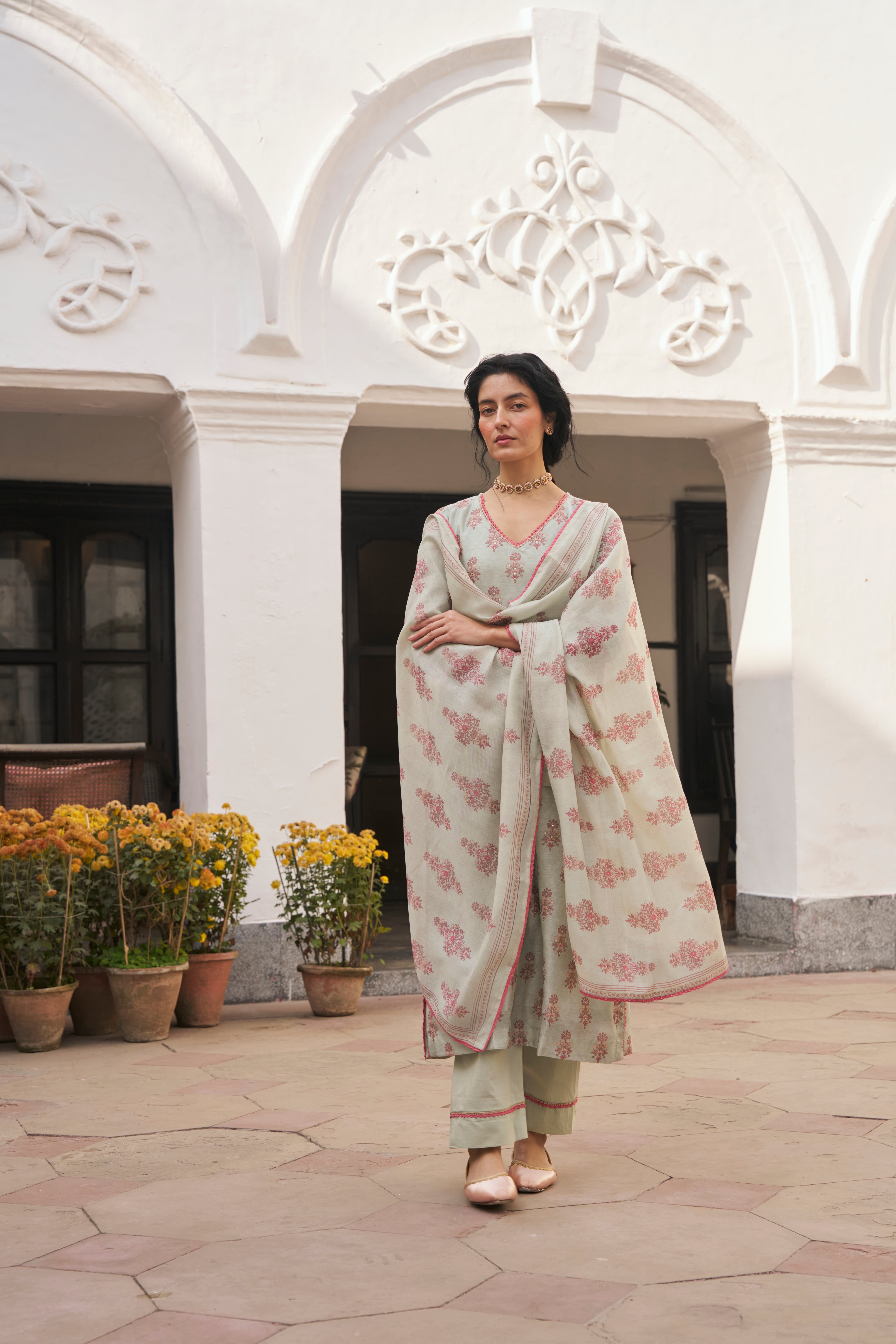 AQUA CHANDERI KURTA SET