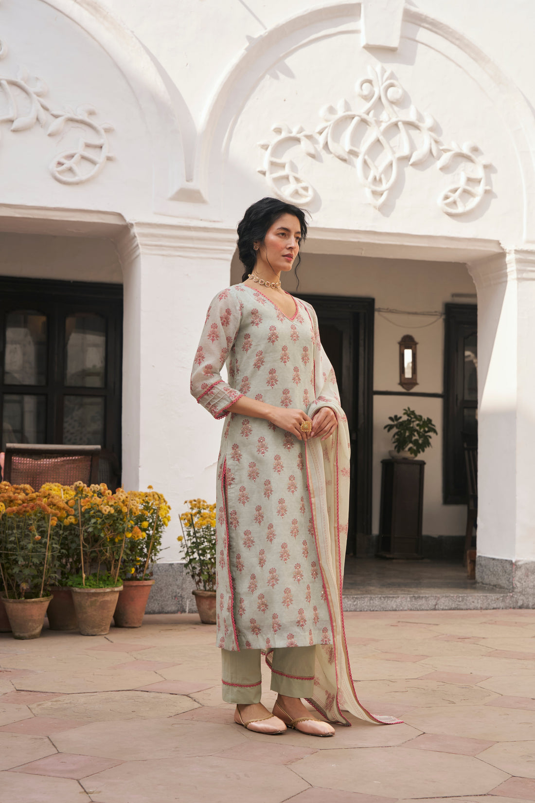 AQUA CHANDERI KURTA SET