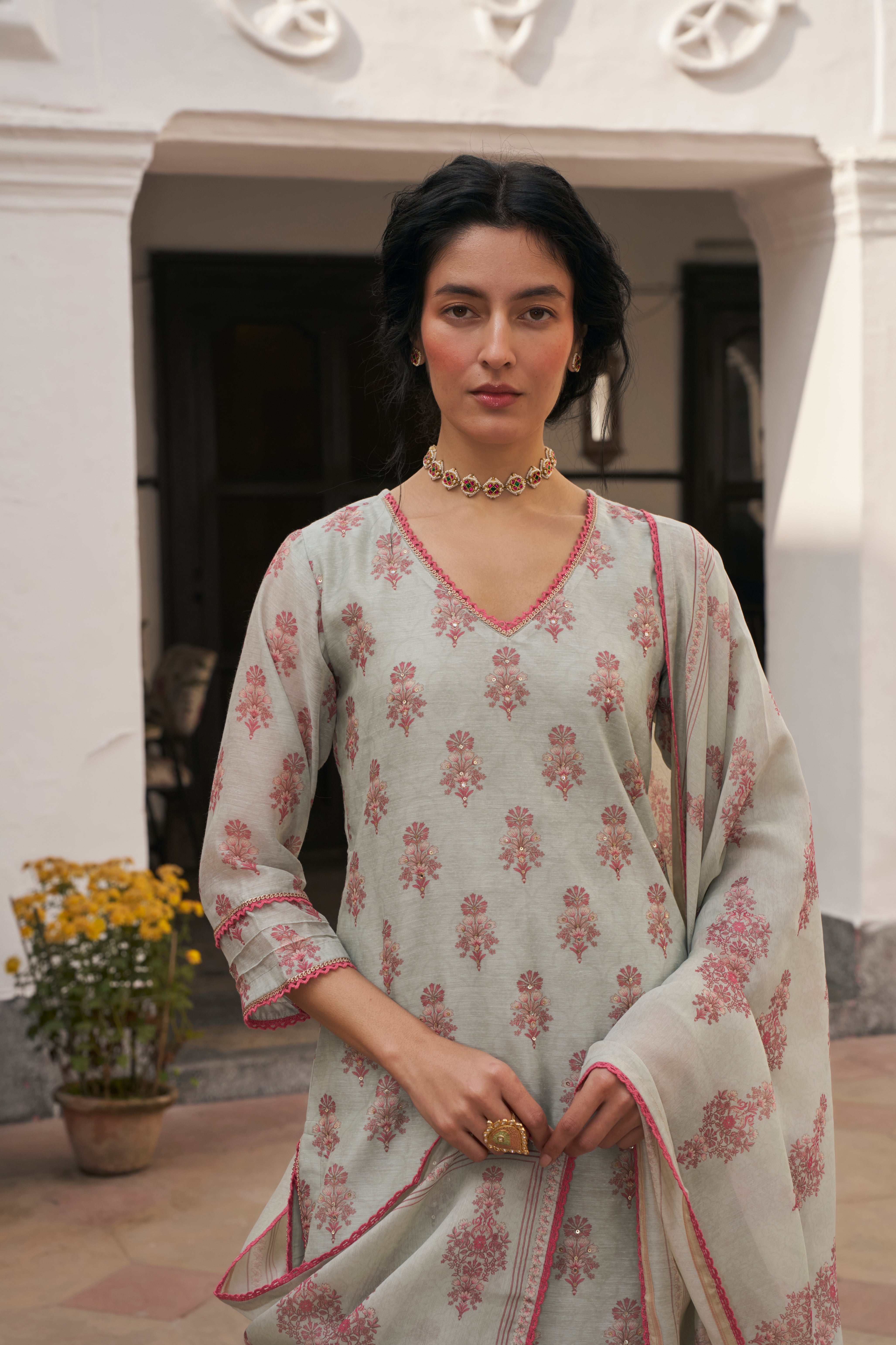 AQUA CHANDERI KURTA SET