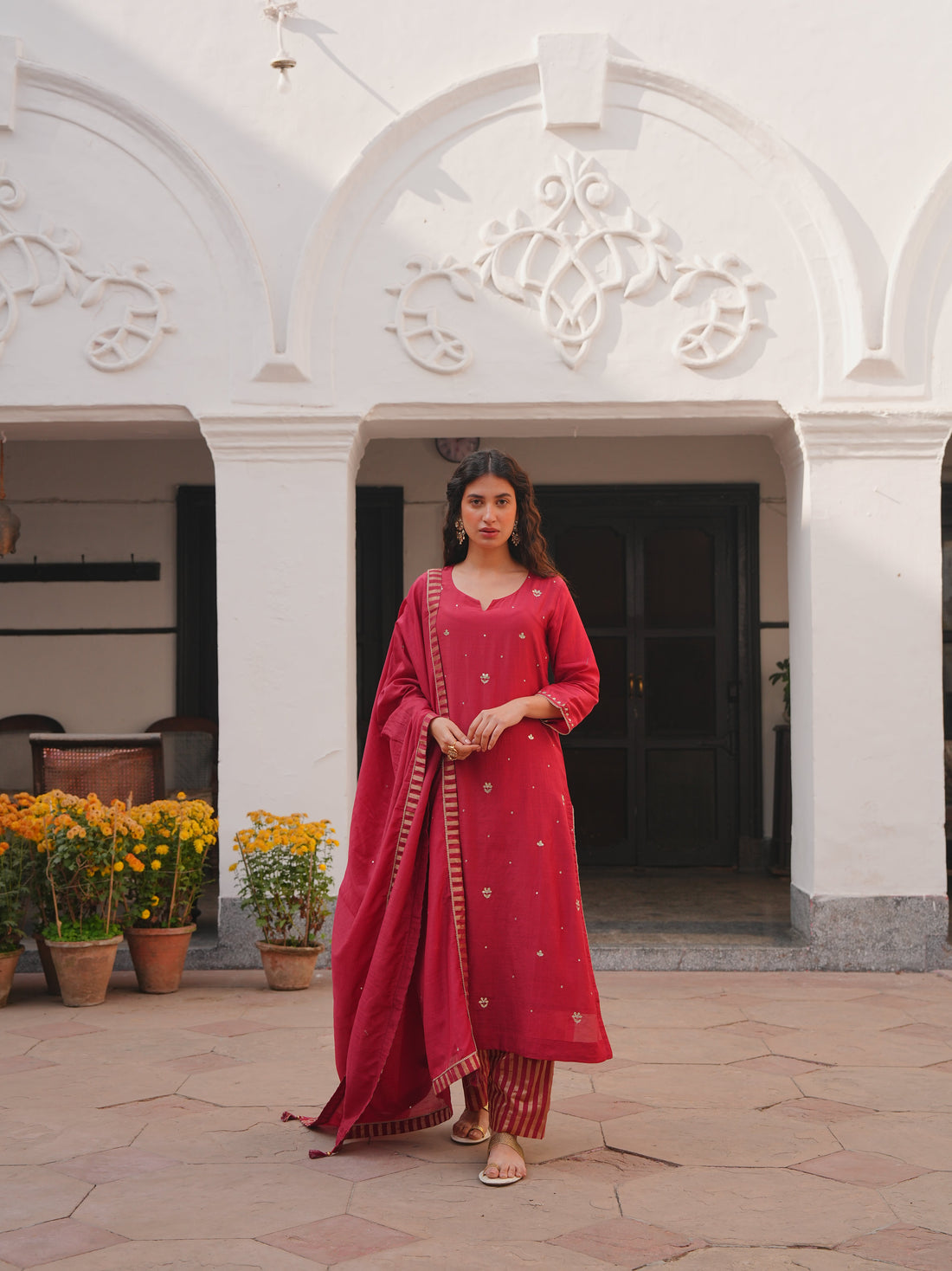 CRIMSON RED MUL CHANDERI KURTA SET