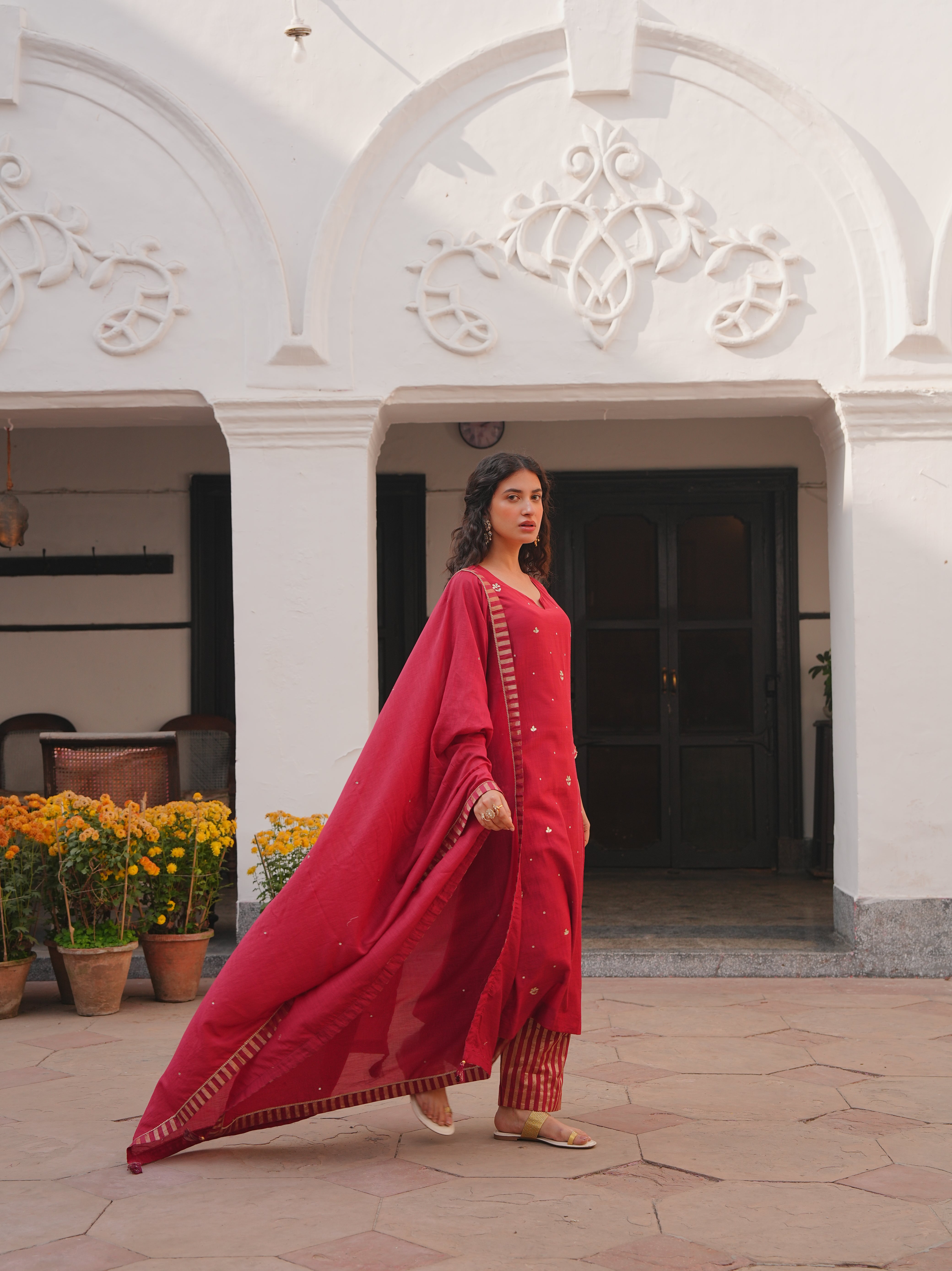 CRIMSON RED MUL CHANDERI KURTA SET