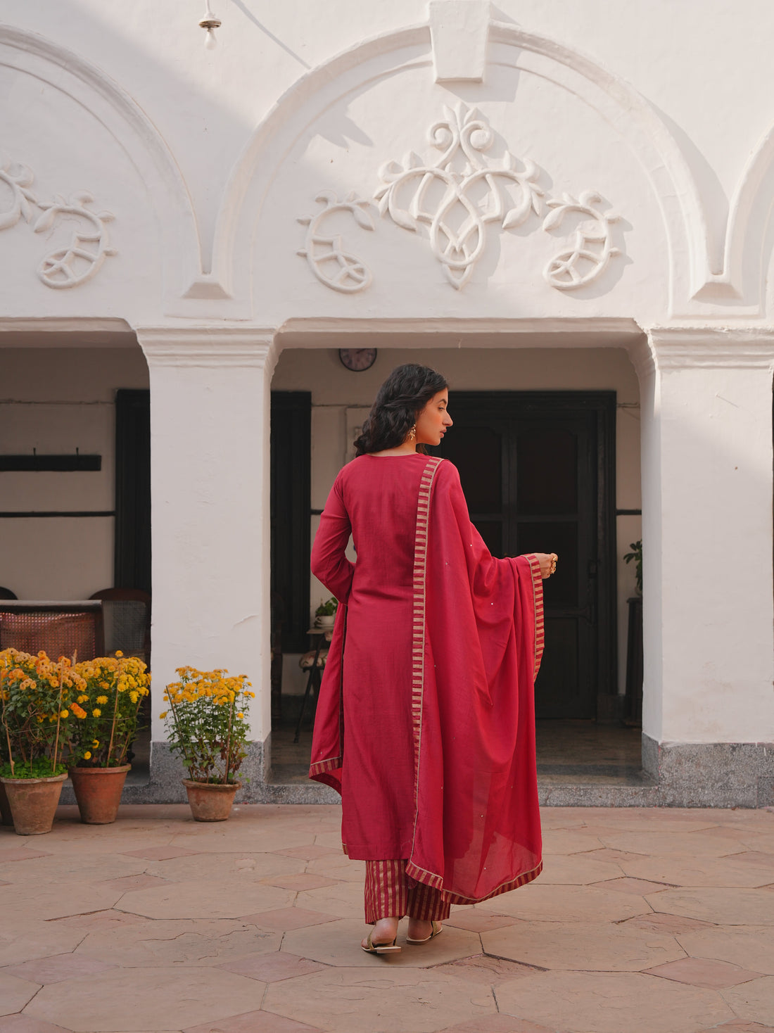 CRIMSON RED MUL CHANDERI KURTA SET