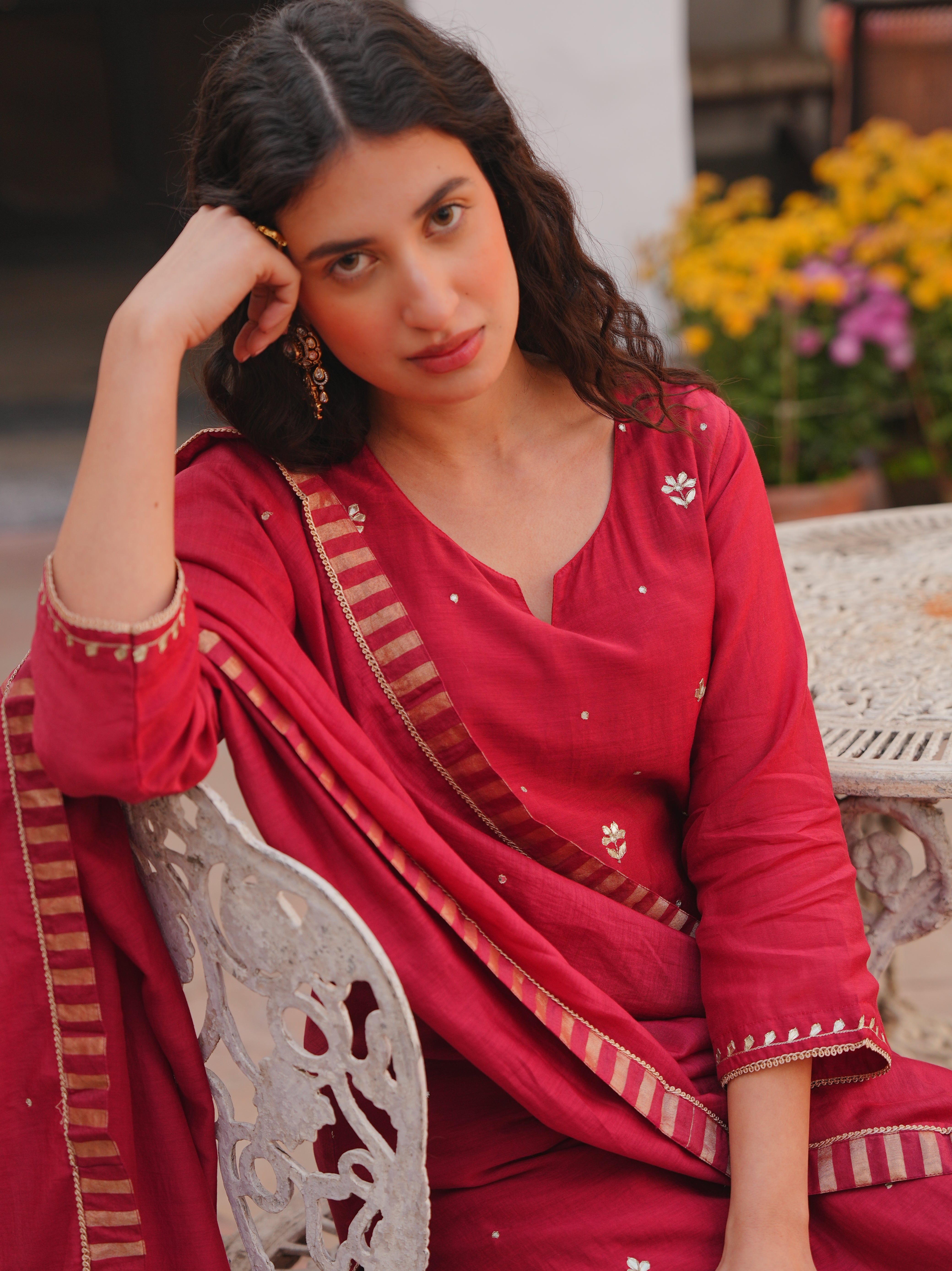 CRIMSON RED MUL CHANDERI KURTA SET