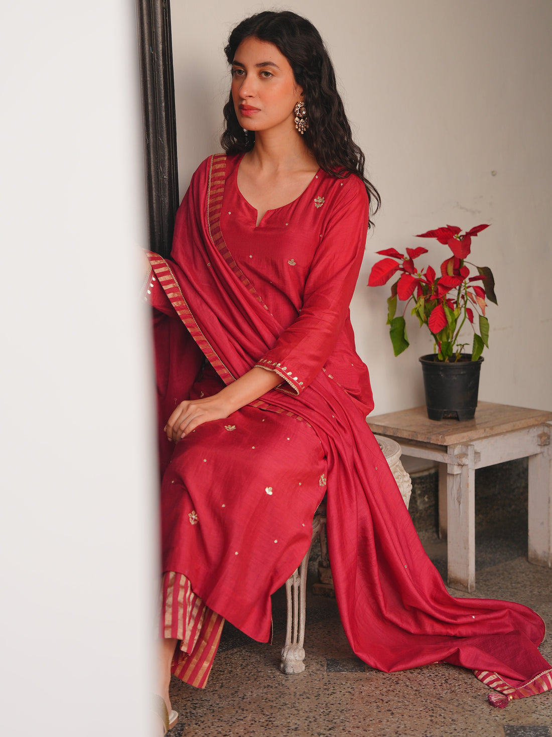 CRIMSON RED MUL CHANDERI KURTA SET