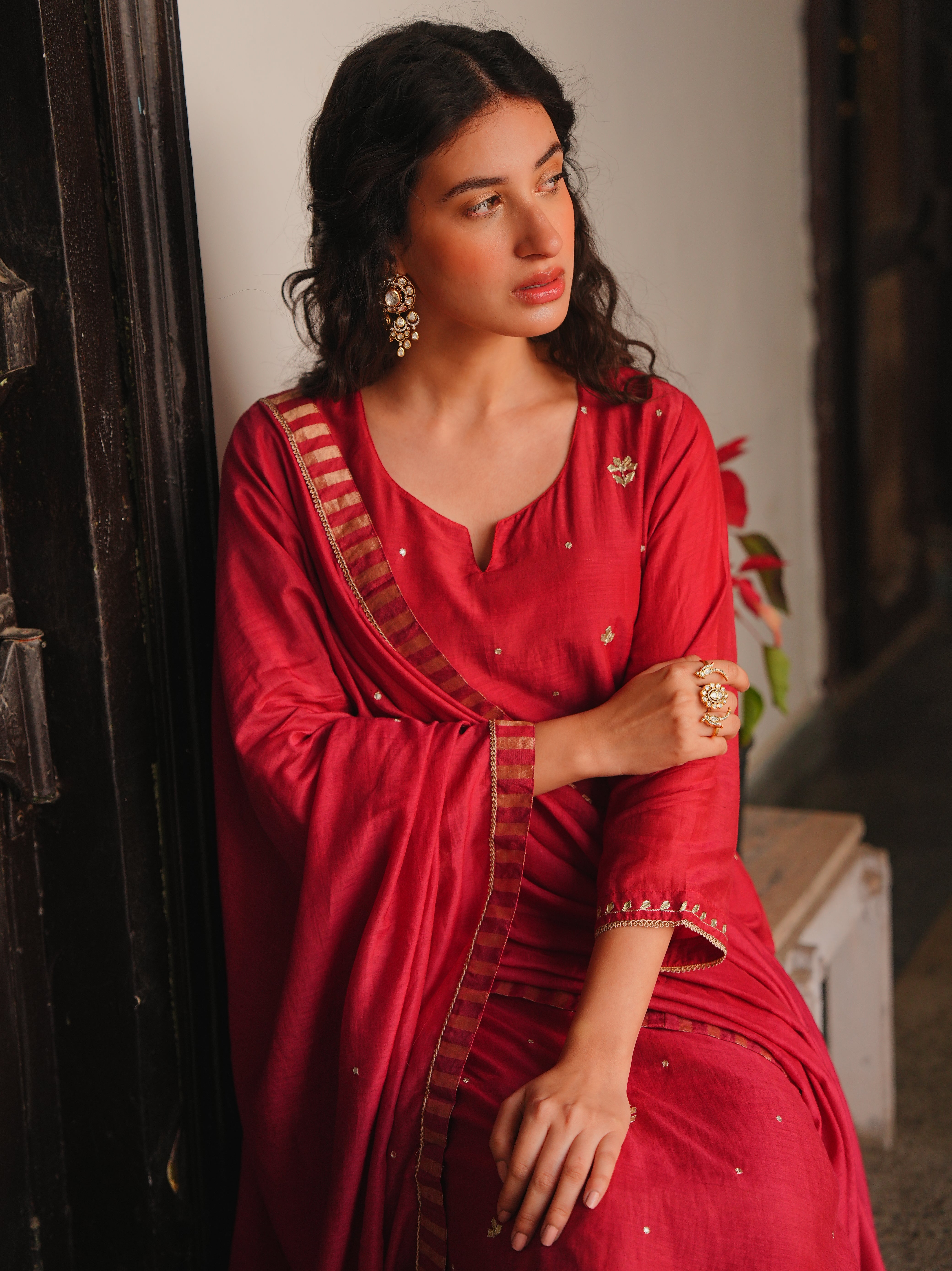 CRIMSON RED MUL CHANDERI KURTA SET