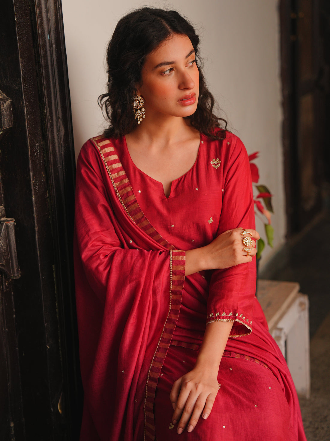 CRIMSON RED MUL CHANDERI KURTA SET