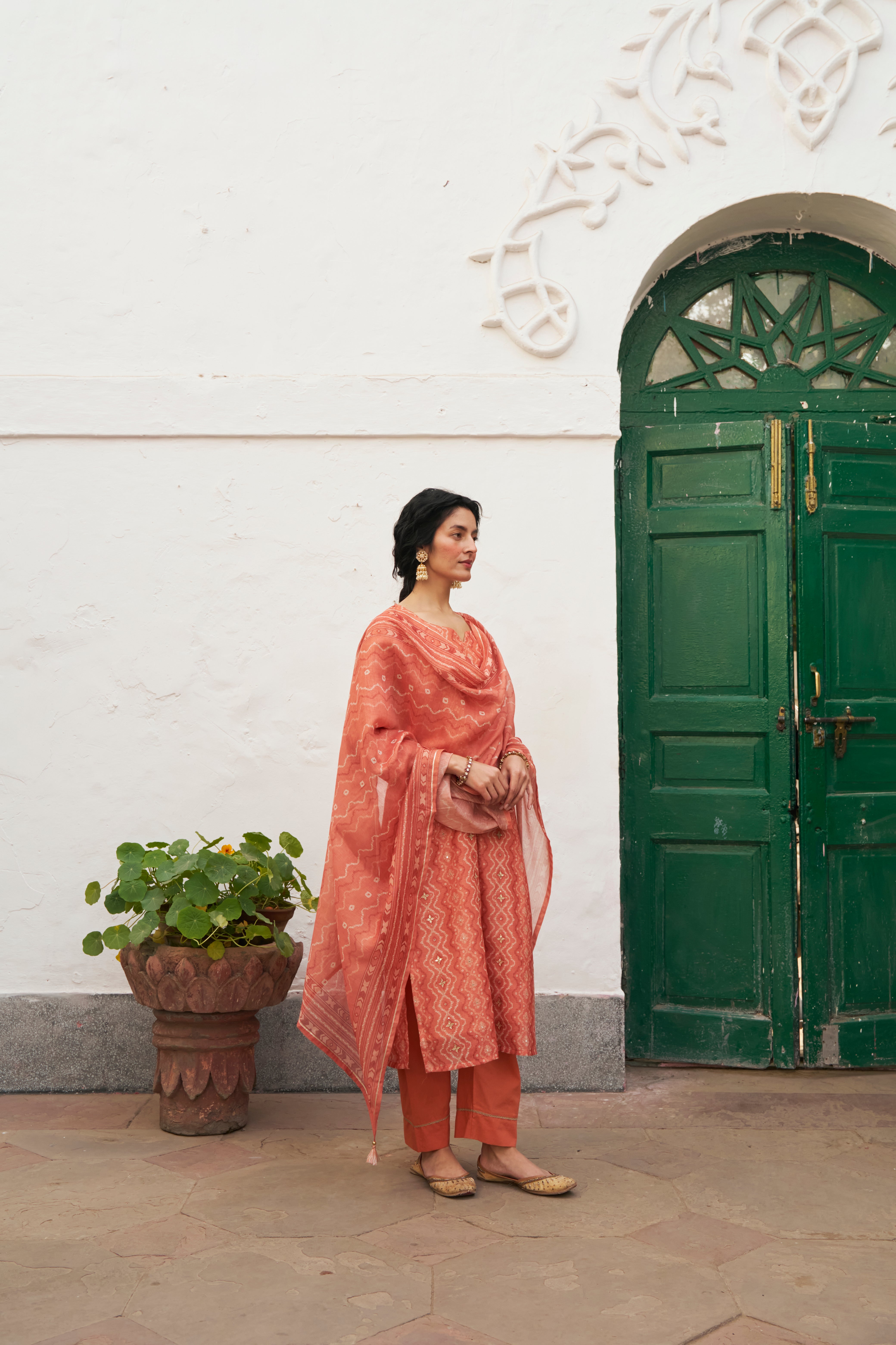 RUST ORANGE CHANDERI KURTA SET