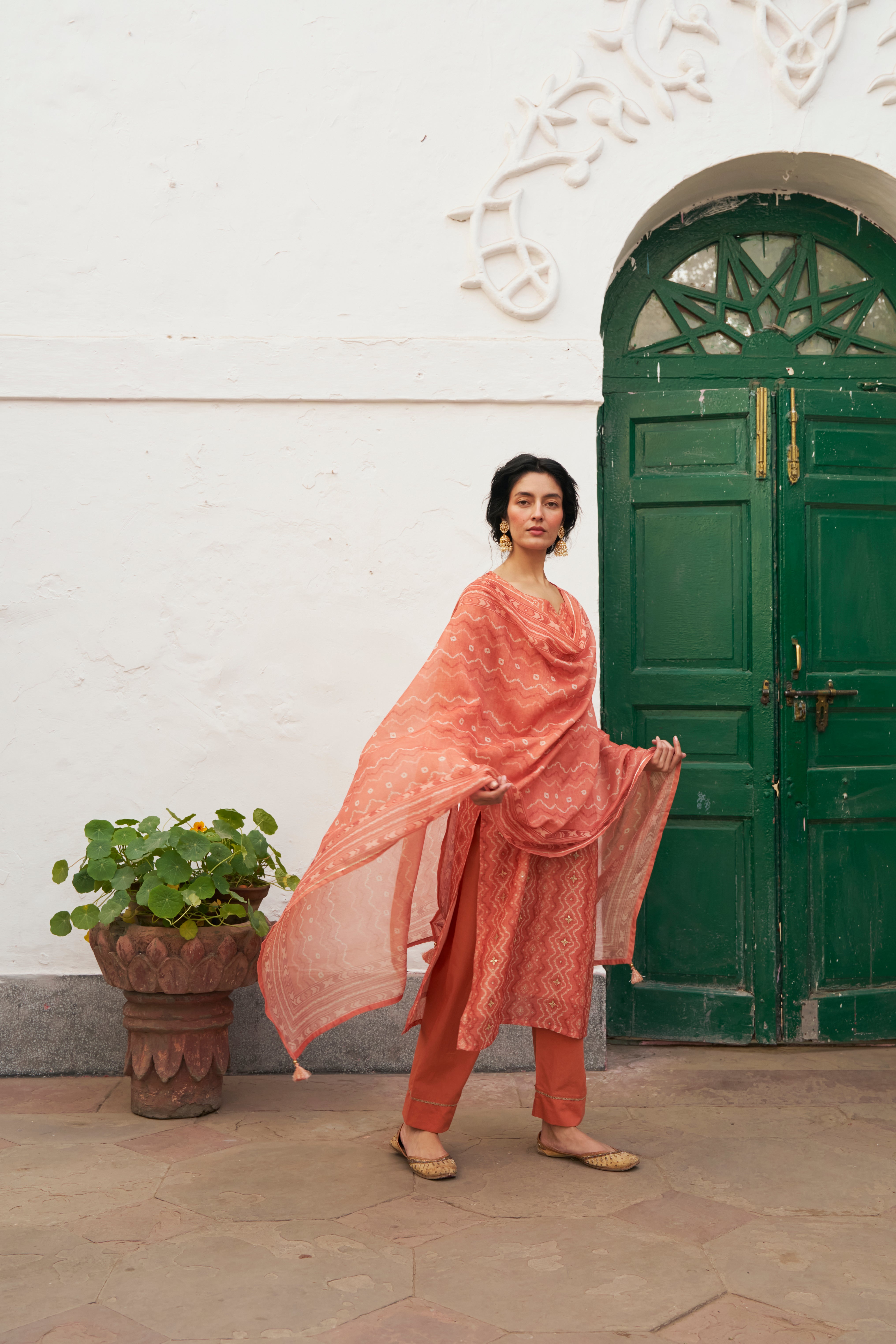 RUST ORANGE CHANDERI KURTA SET