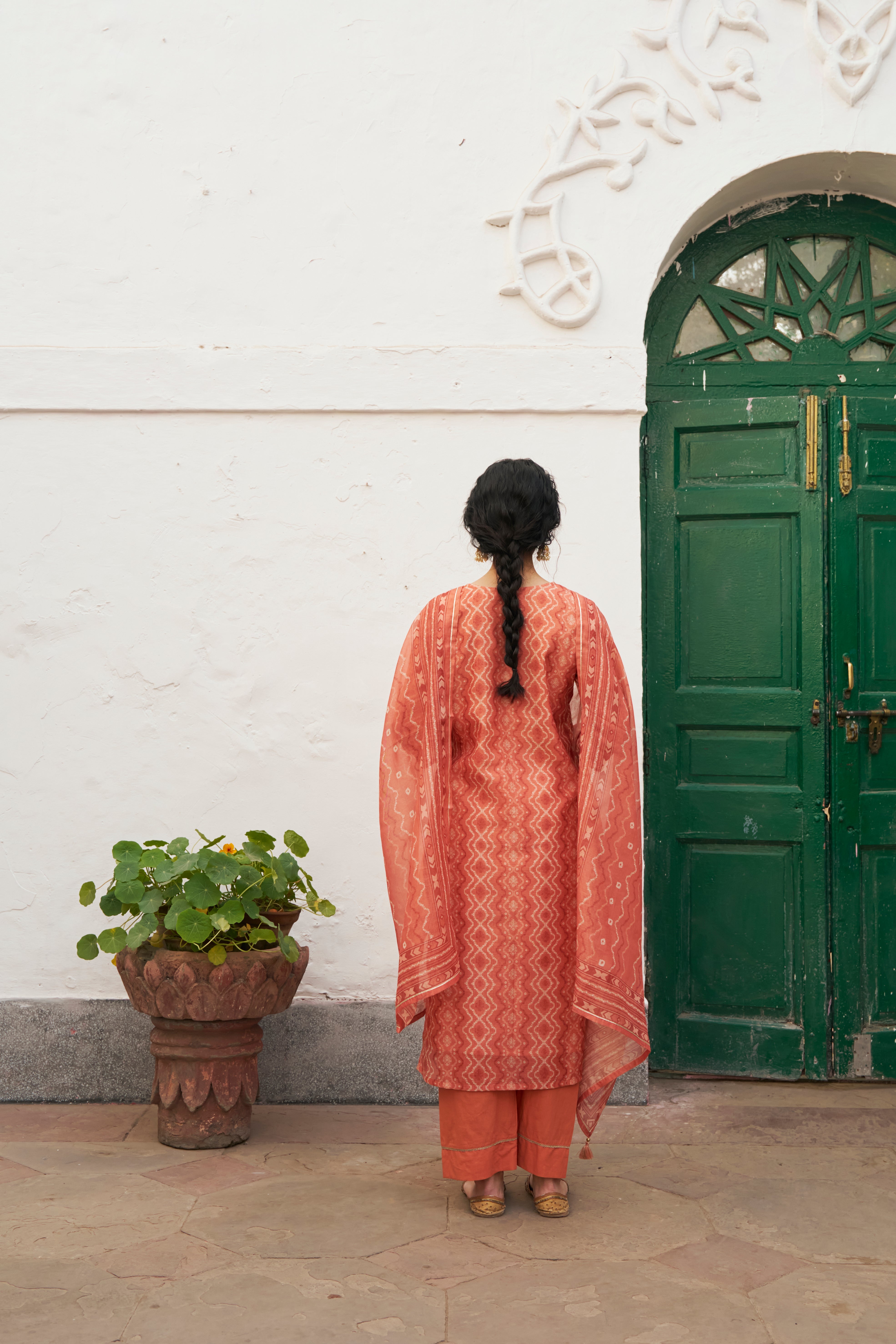 RUST ORANGE CHANDERI KURTA SET