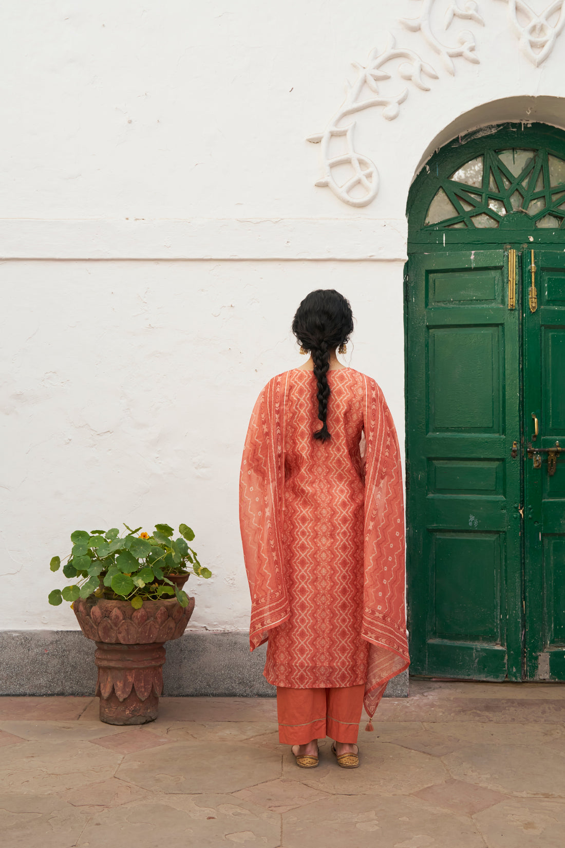 RUST ORANGE CHANDERI KURTA SET