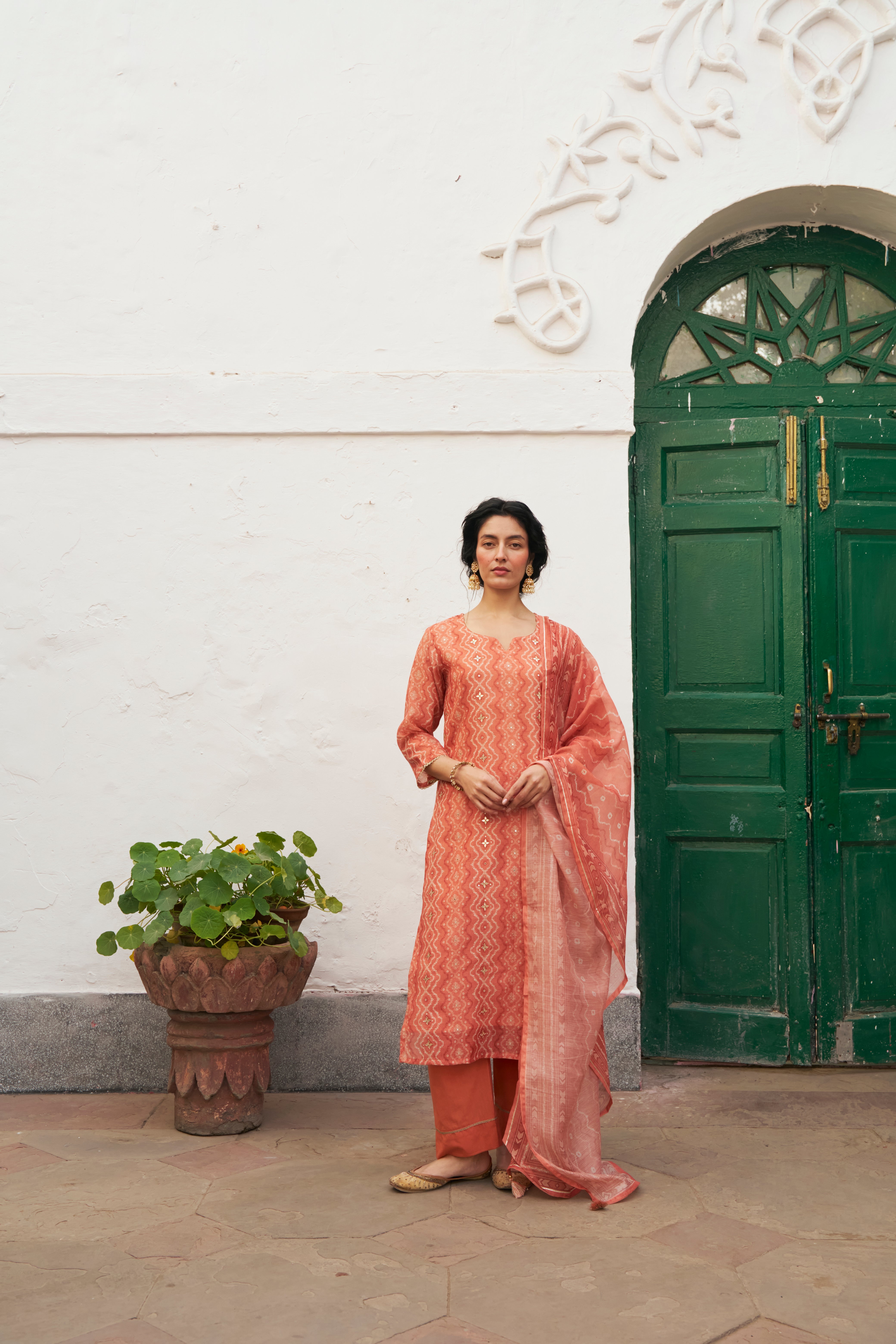 RUST ORANGE CHANDERI KURTA SET