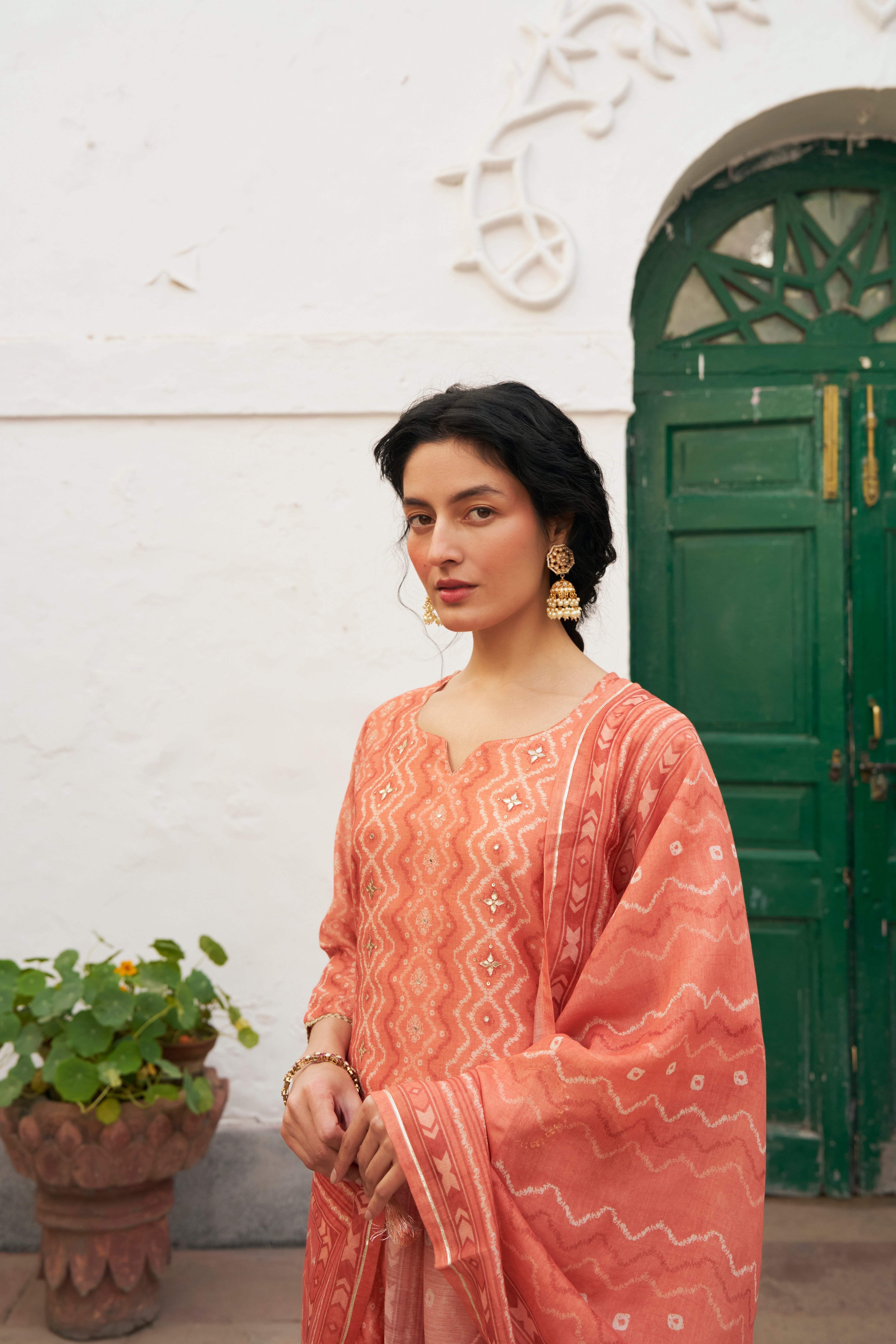 RUST ORANGE CHANDERI KURTA SET