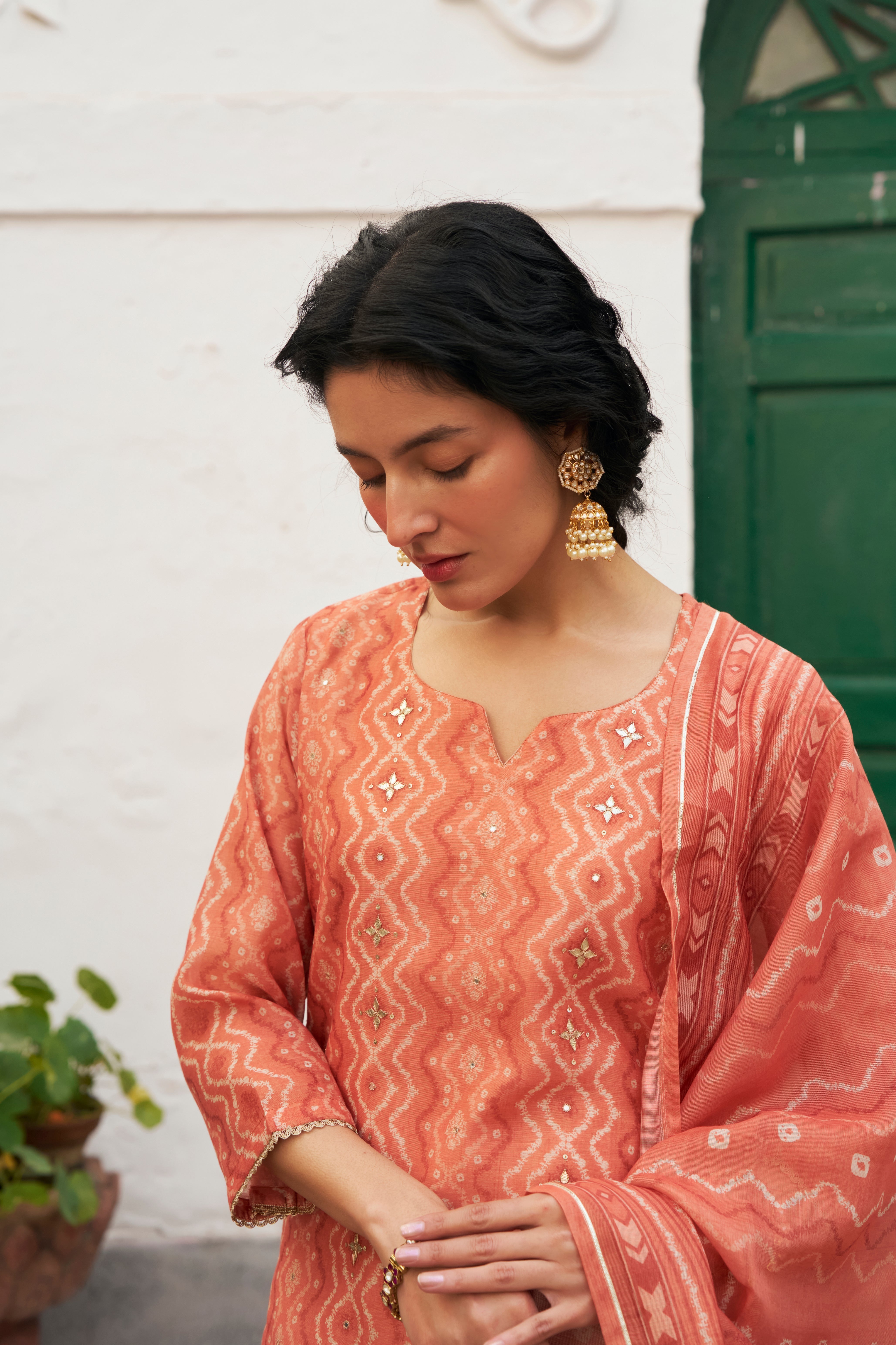 RUST ORANGE CHANDERI KURTA SET