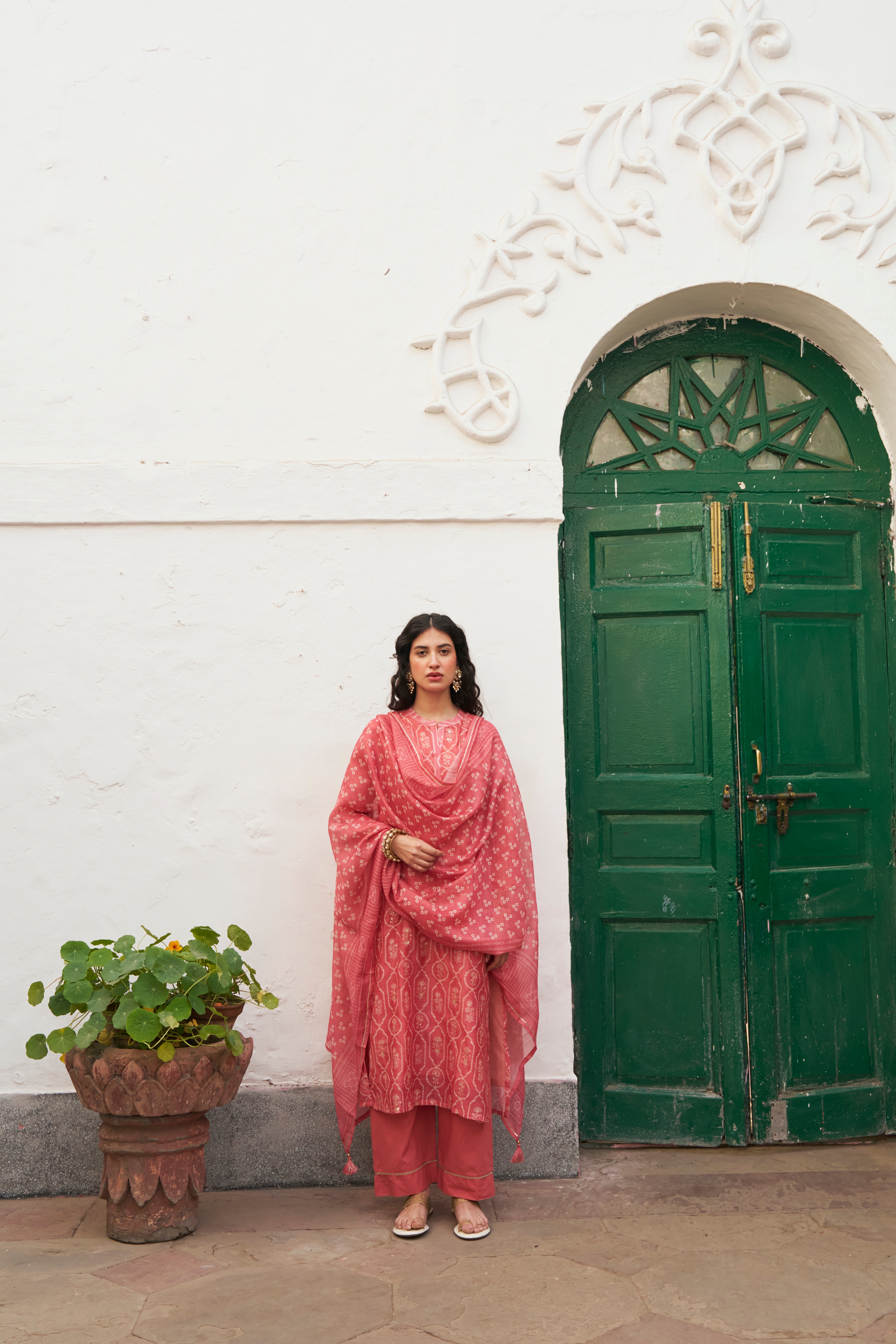 SOFT CORAL CHANDERI KURTA SET