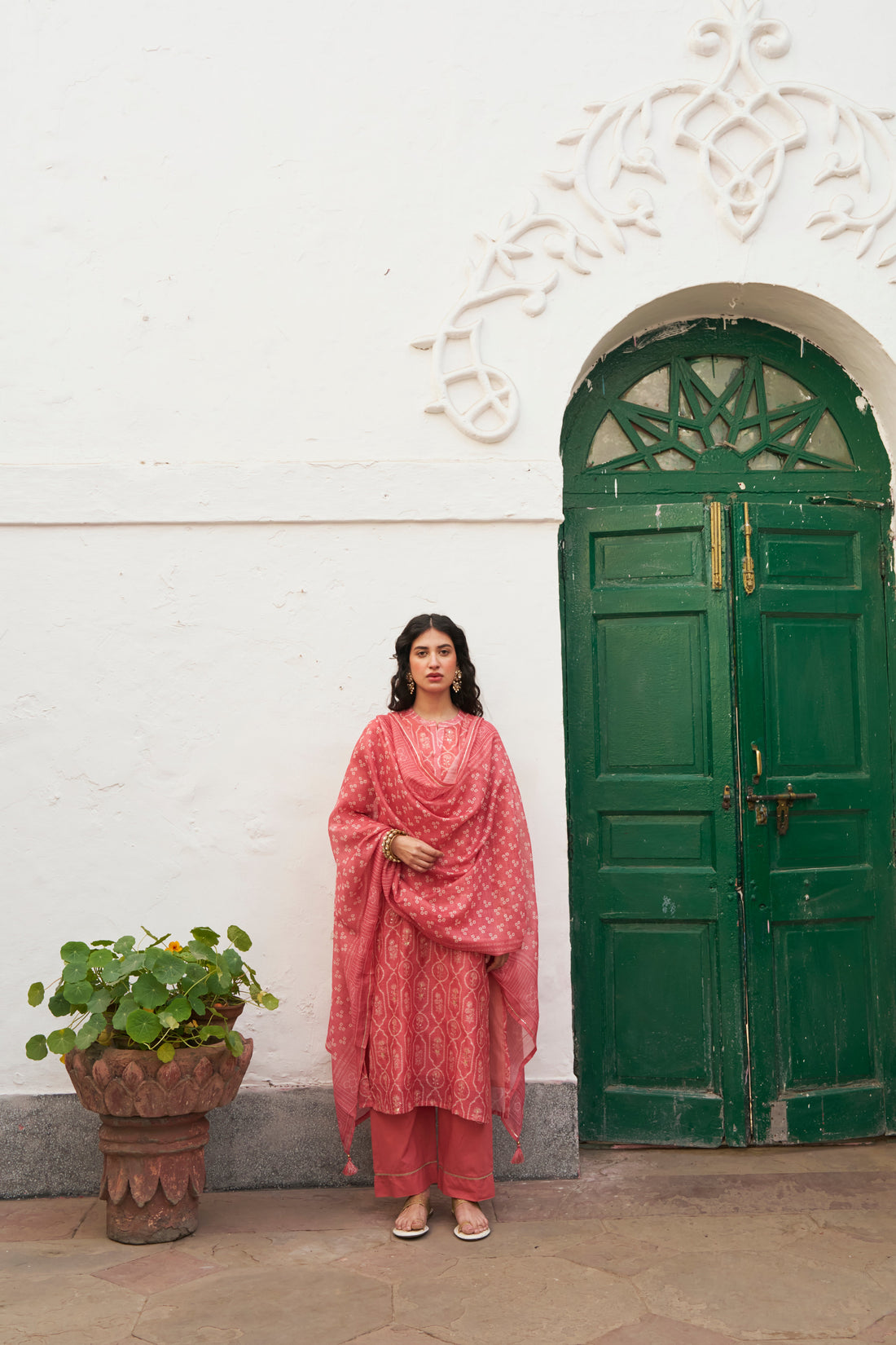 SOFT CORAL CHANDERI KURTA SET