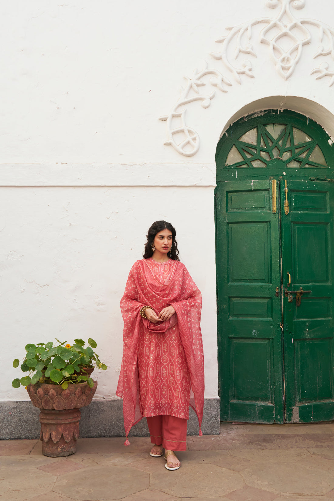 SOFT CORAL CHANDERI KURTA SET