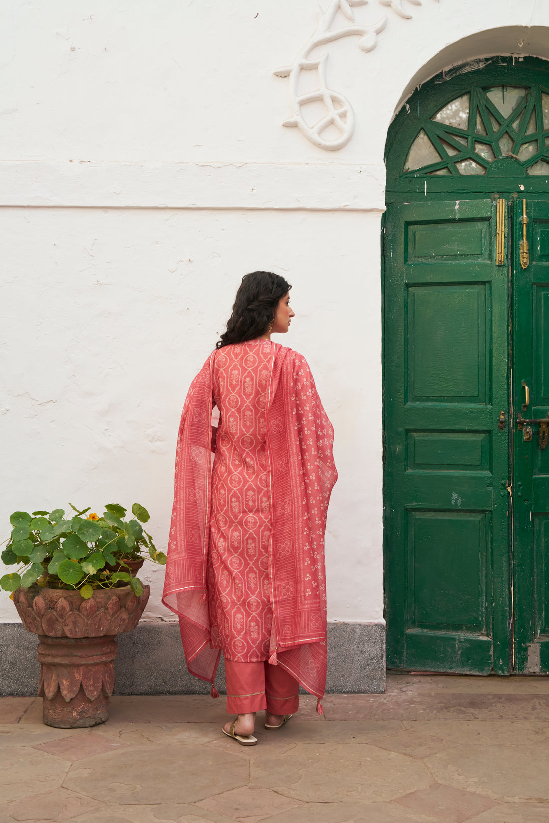 SOFT CORAL CHANDERI KURTA SET