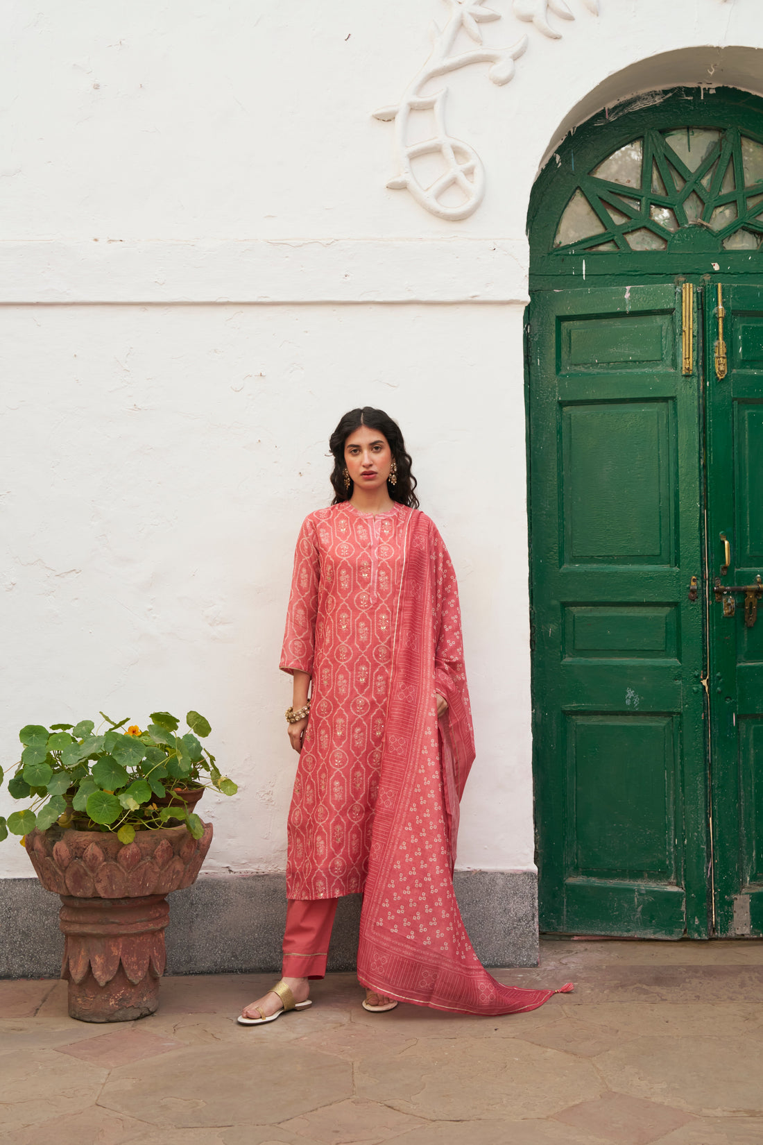 SOFT CORAL CHANDERI KURTA SET