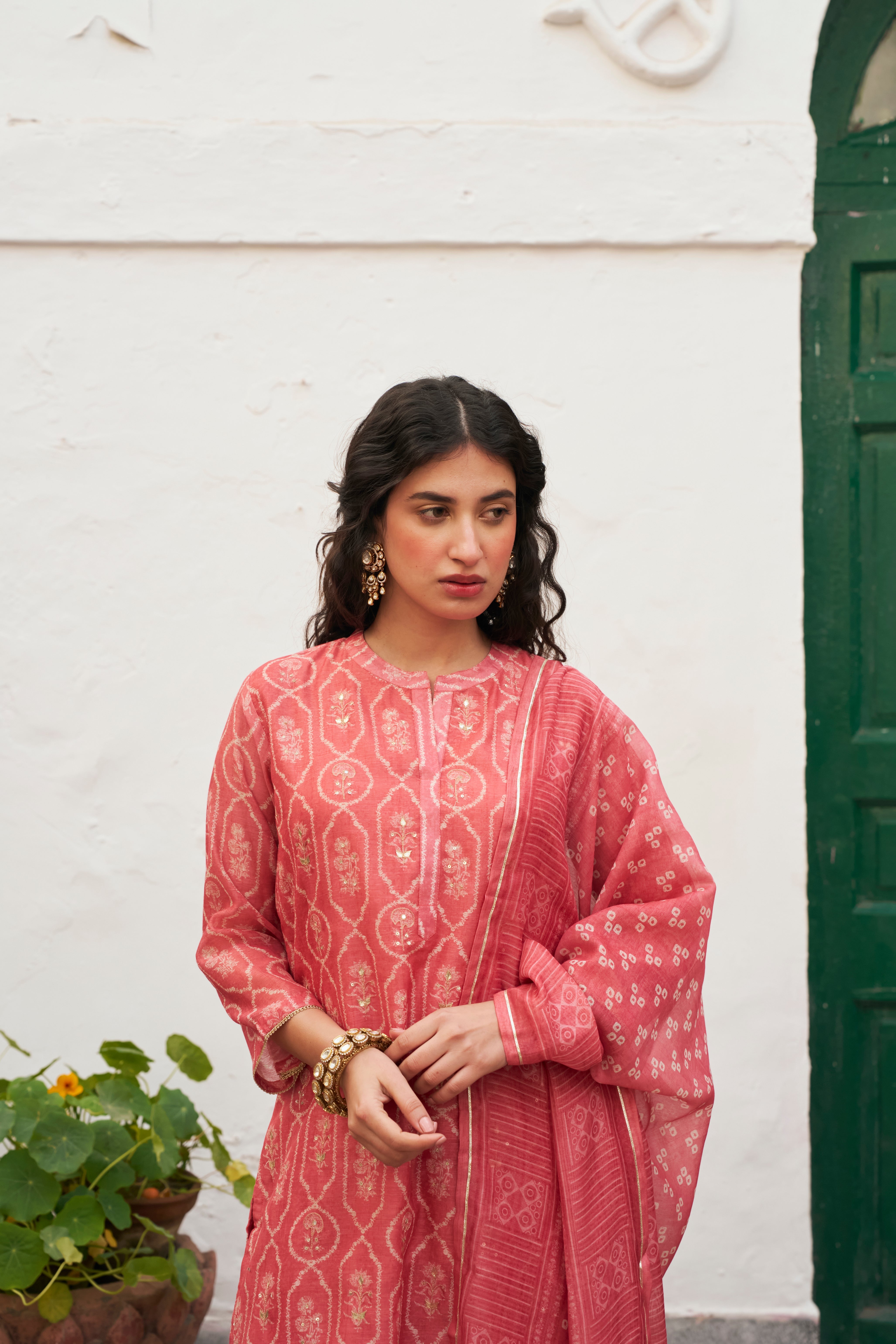 SOFT CORAL CHANDERI KURTA SET
