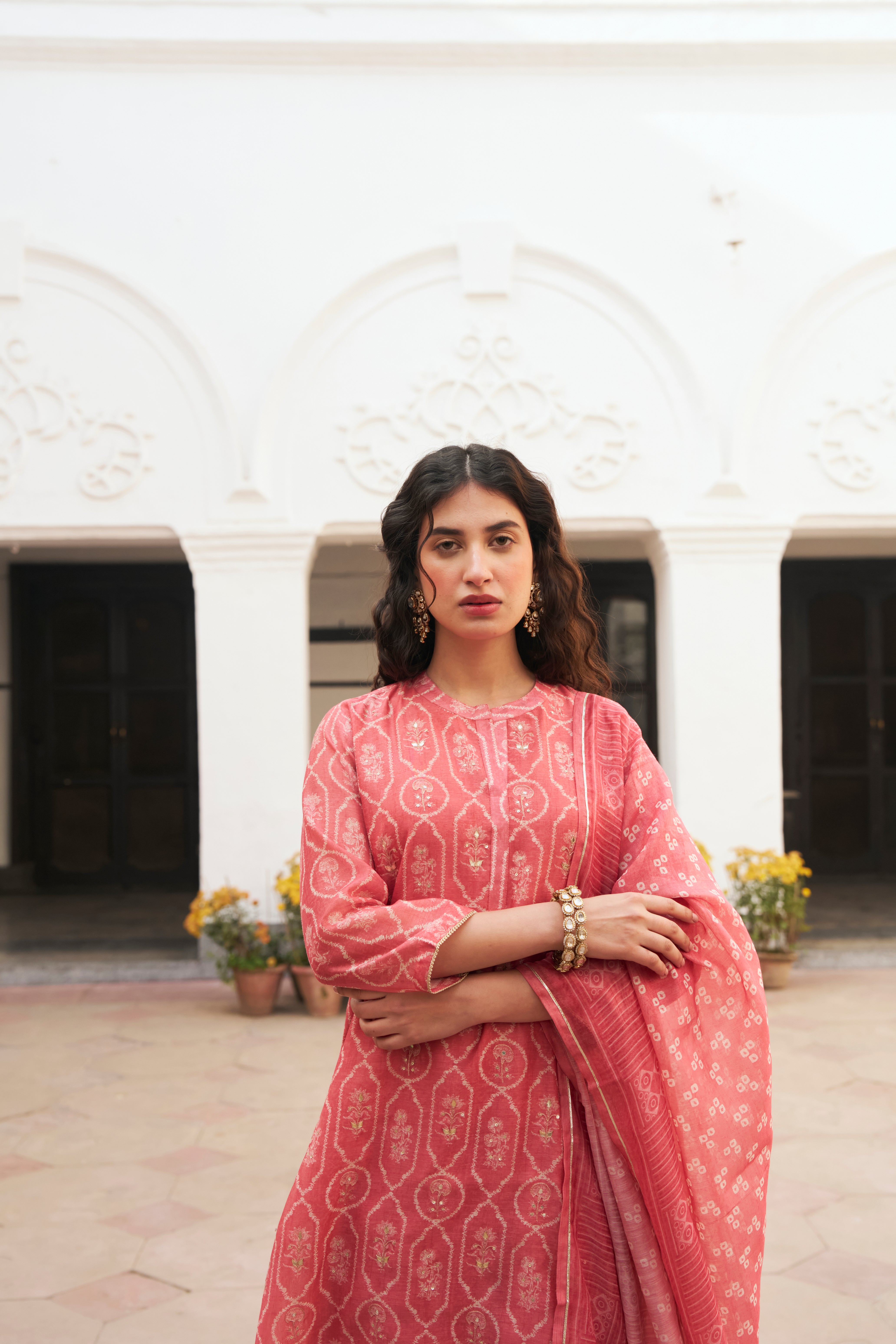 SOFT CORAL CHANDERI KURTA SET