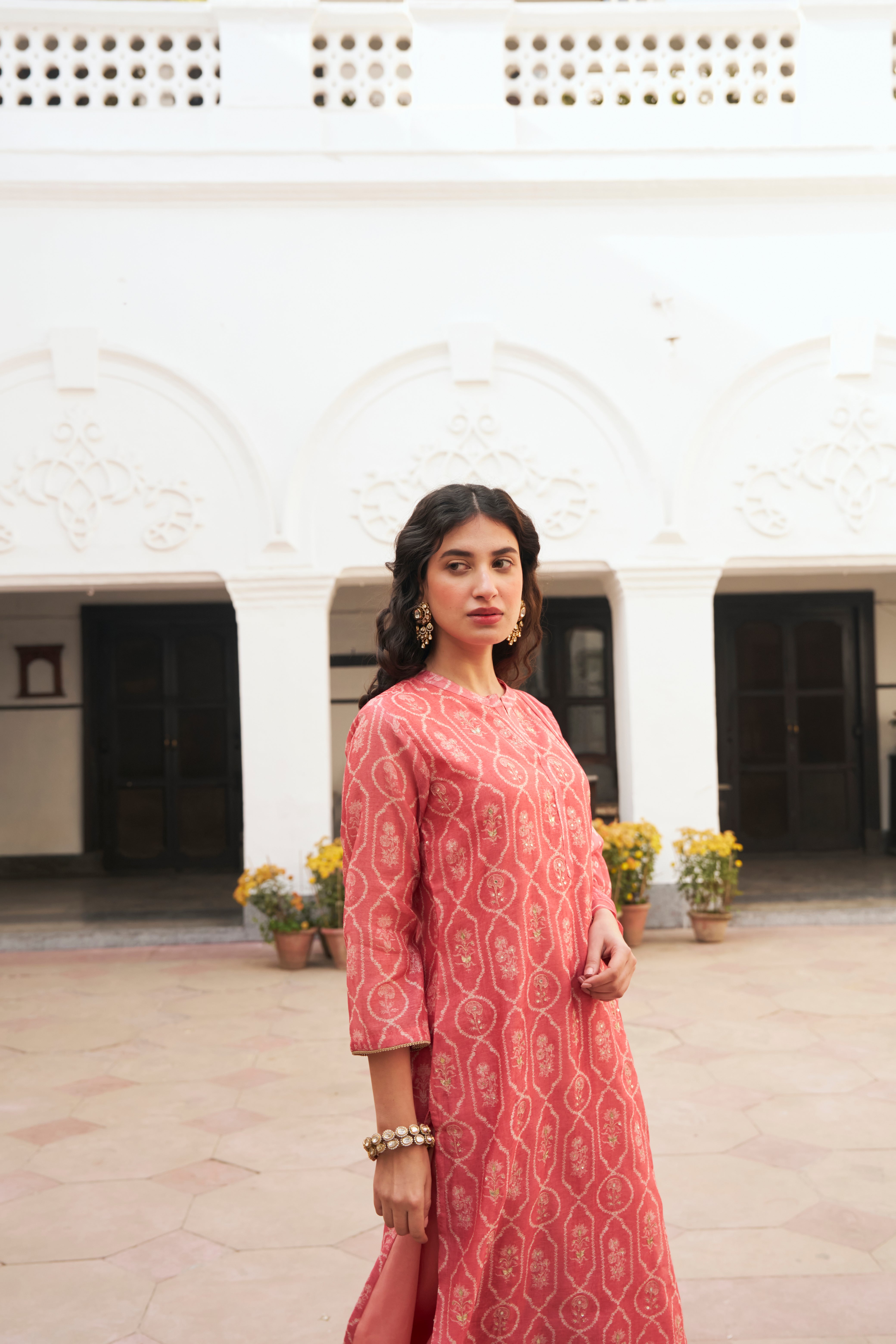 SOFT CORAL CHANDERI KURTA SET