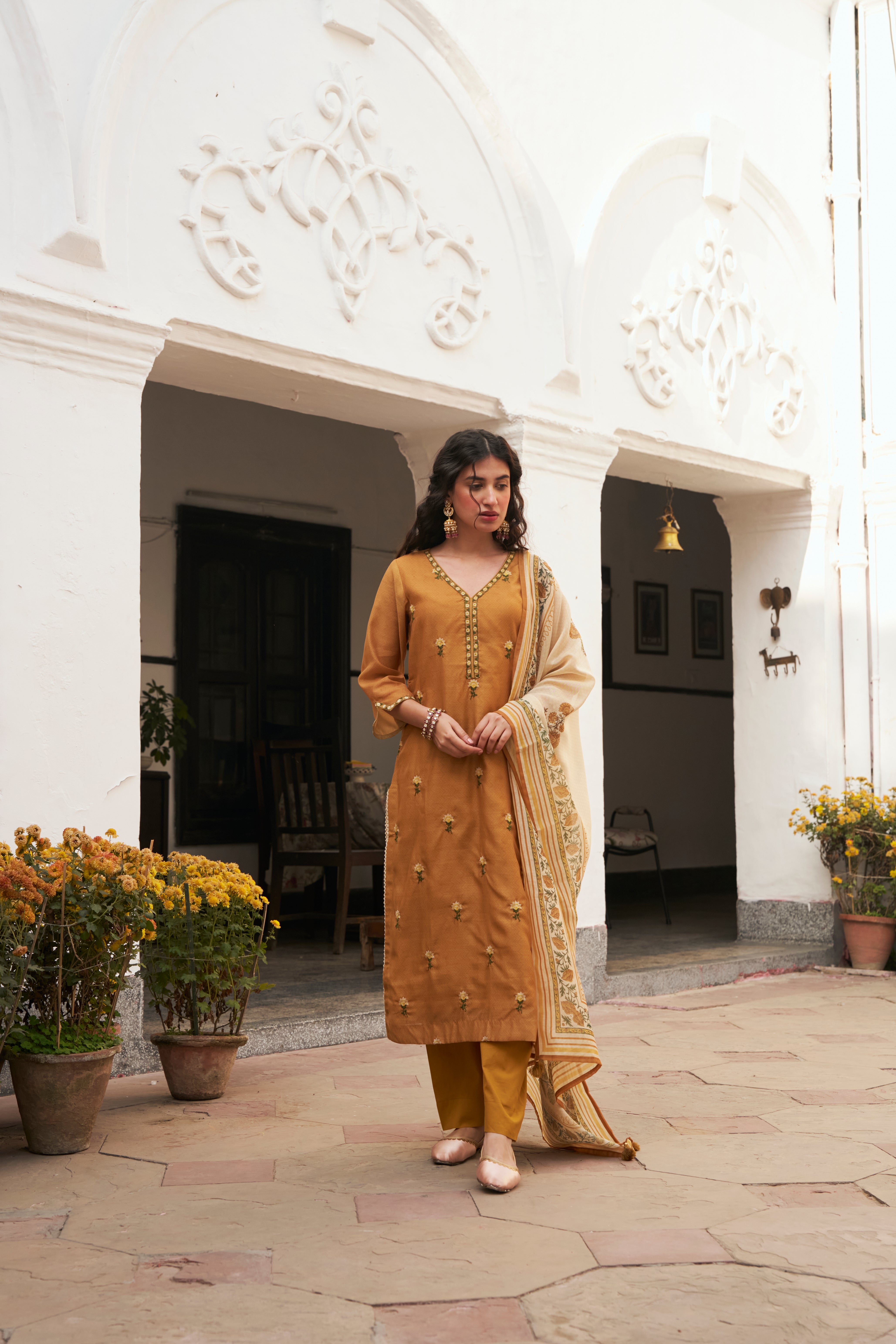 MUSTARD CHANDERI KURTA SET