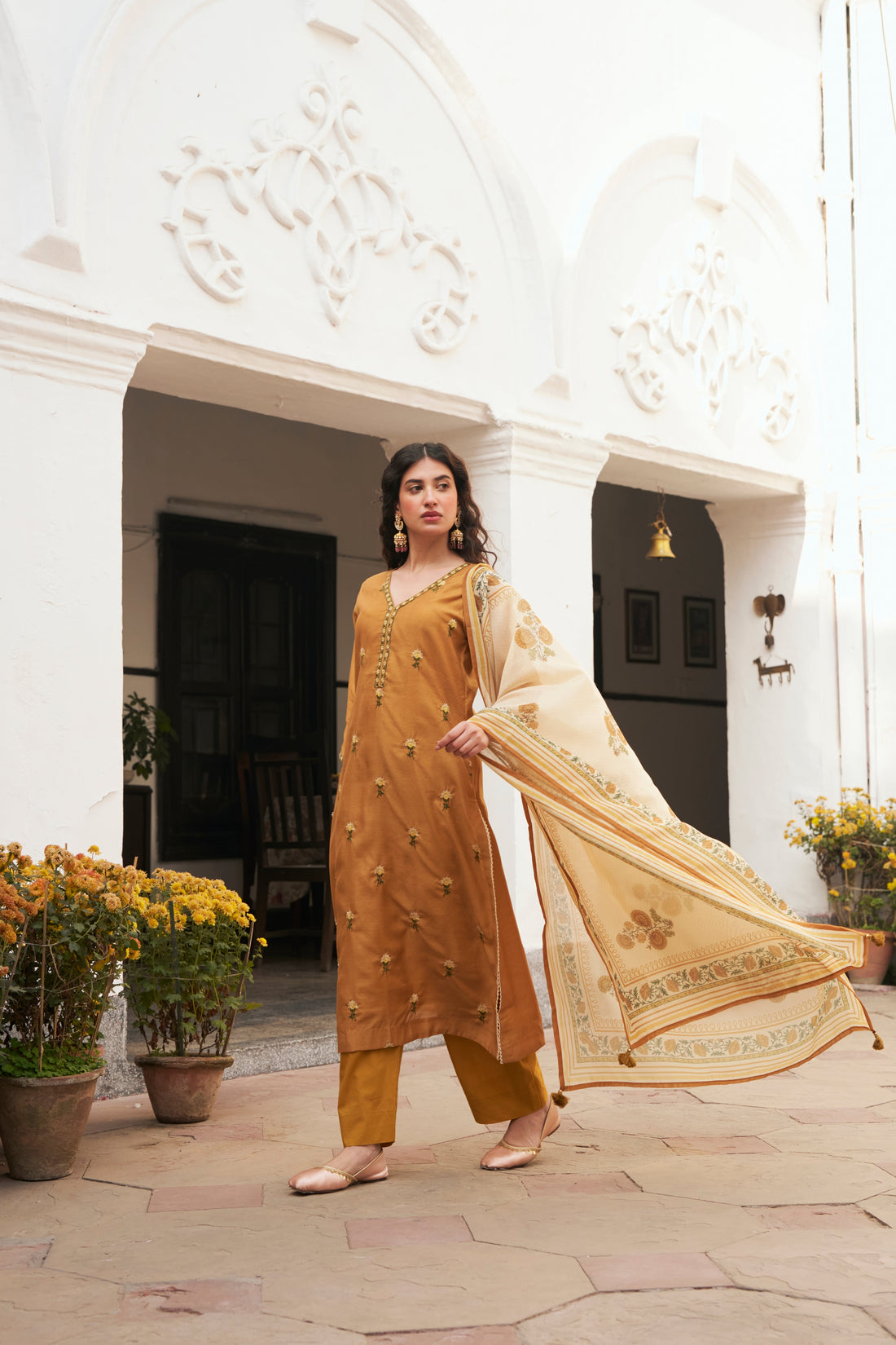MUSTARD CHANDERI KURTA SET