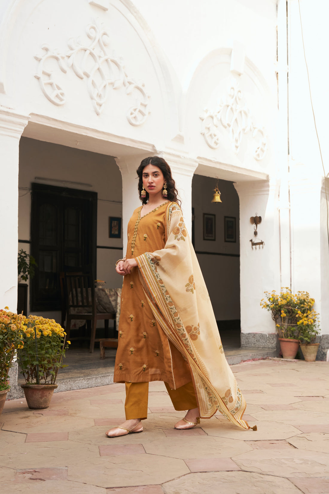 MUSTARD CHANDERI KURTA SET