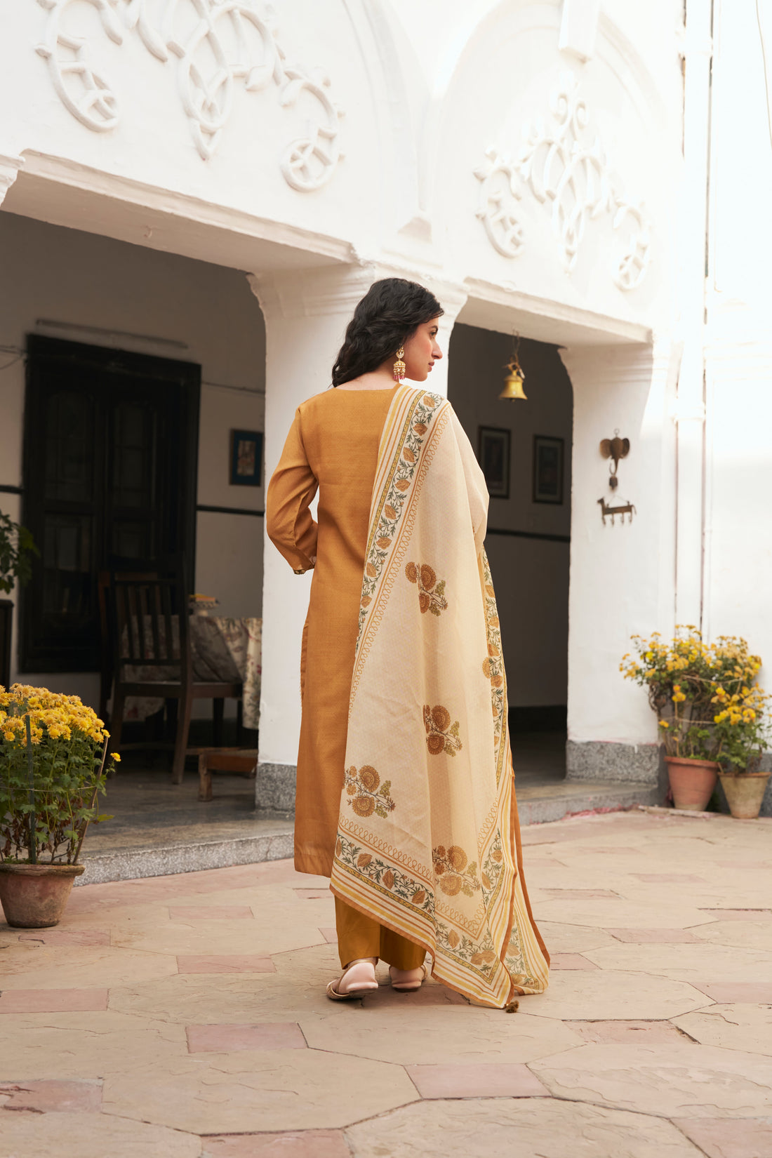 MUSTARD CHANDERI KURTA SET
