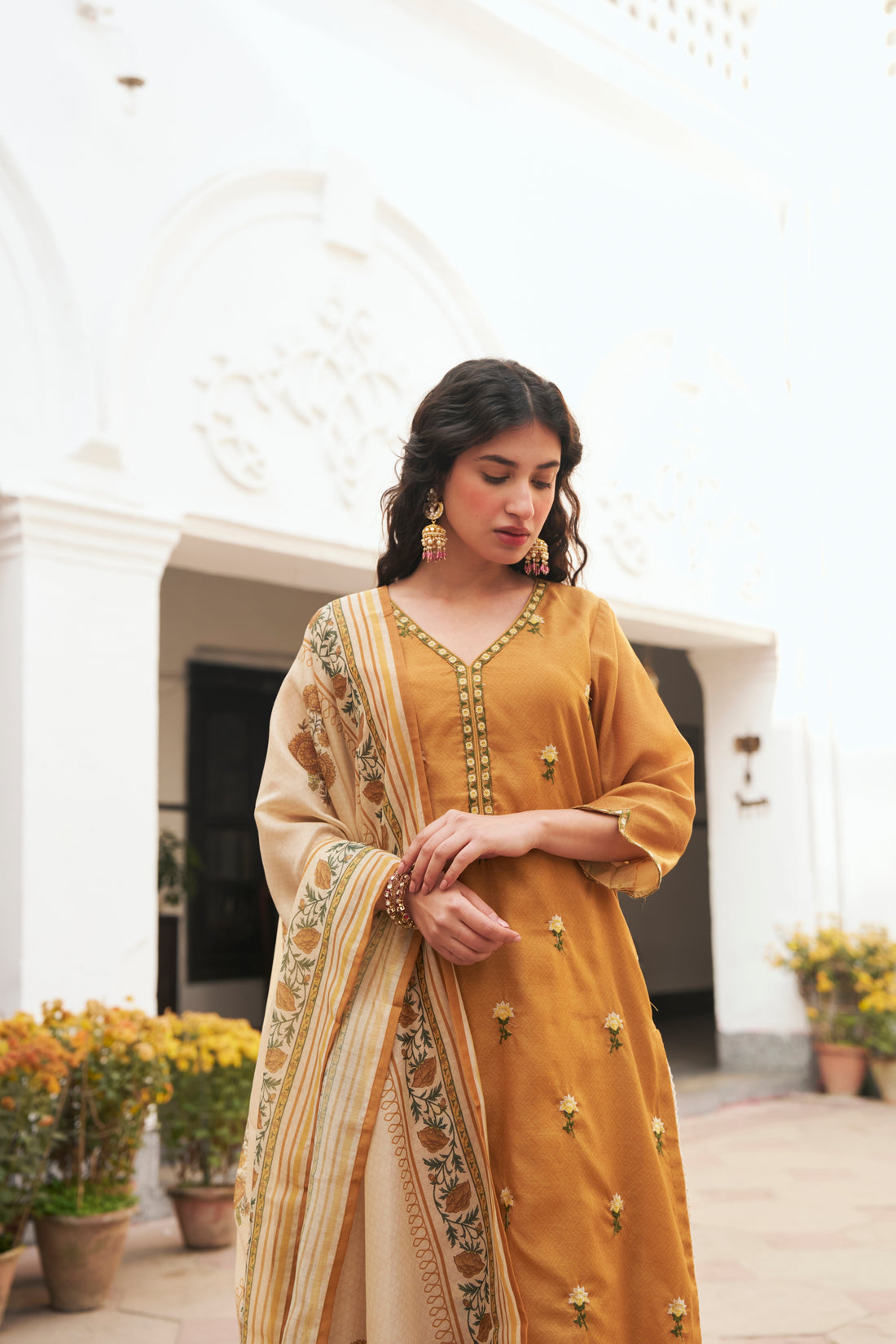 MUSTARD CHANDERI KURTA SET